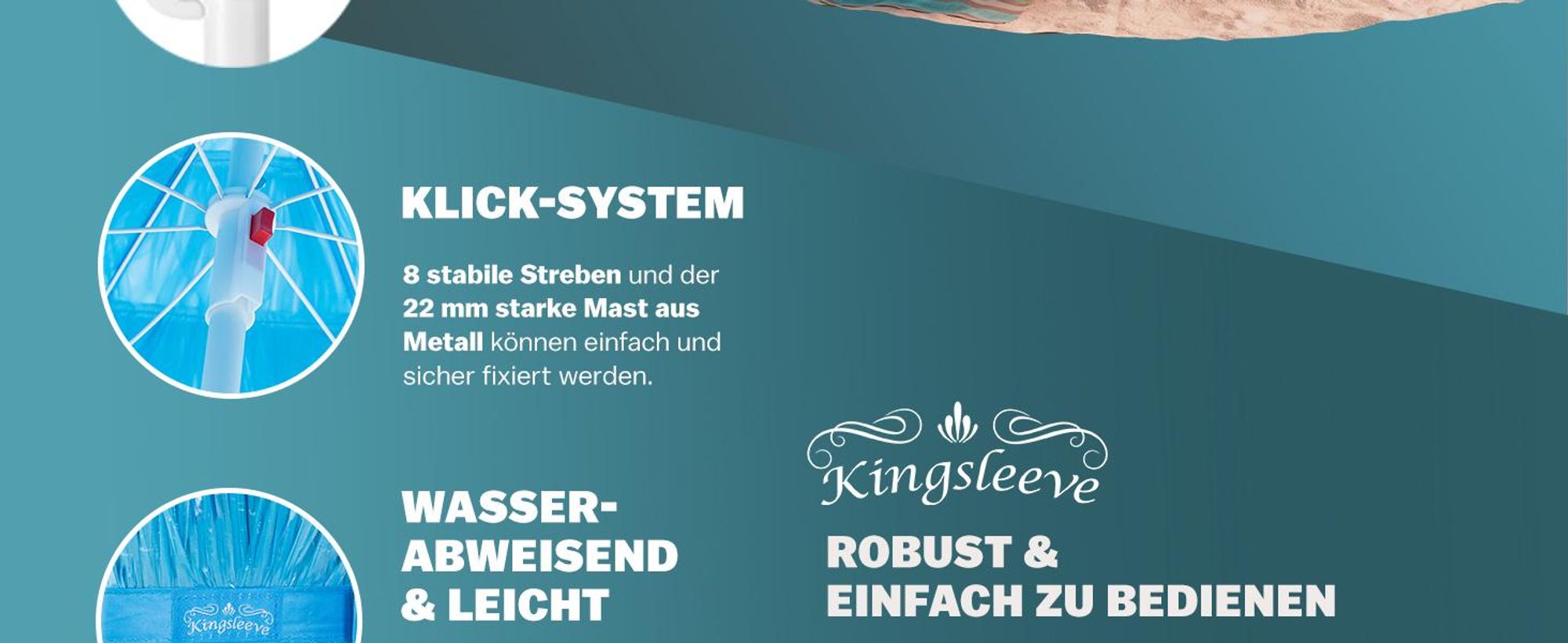 KINGSLEEVE® Sonnenschirm Hawaii Ø160cm Neigbar Höhenverstellbar UV Schutz 30+ Groß Rund Balkon Strand Strohschirm Strandschirm Bast Hawaiischirm Blau