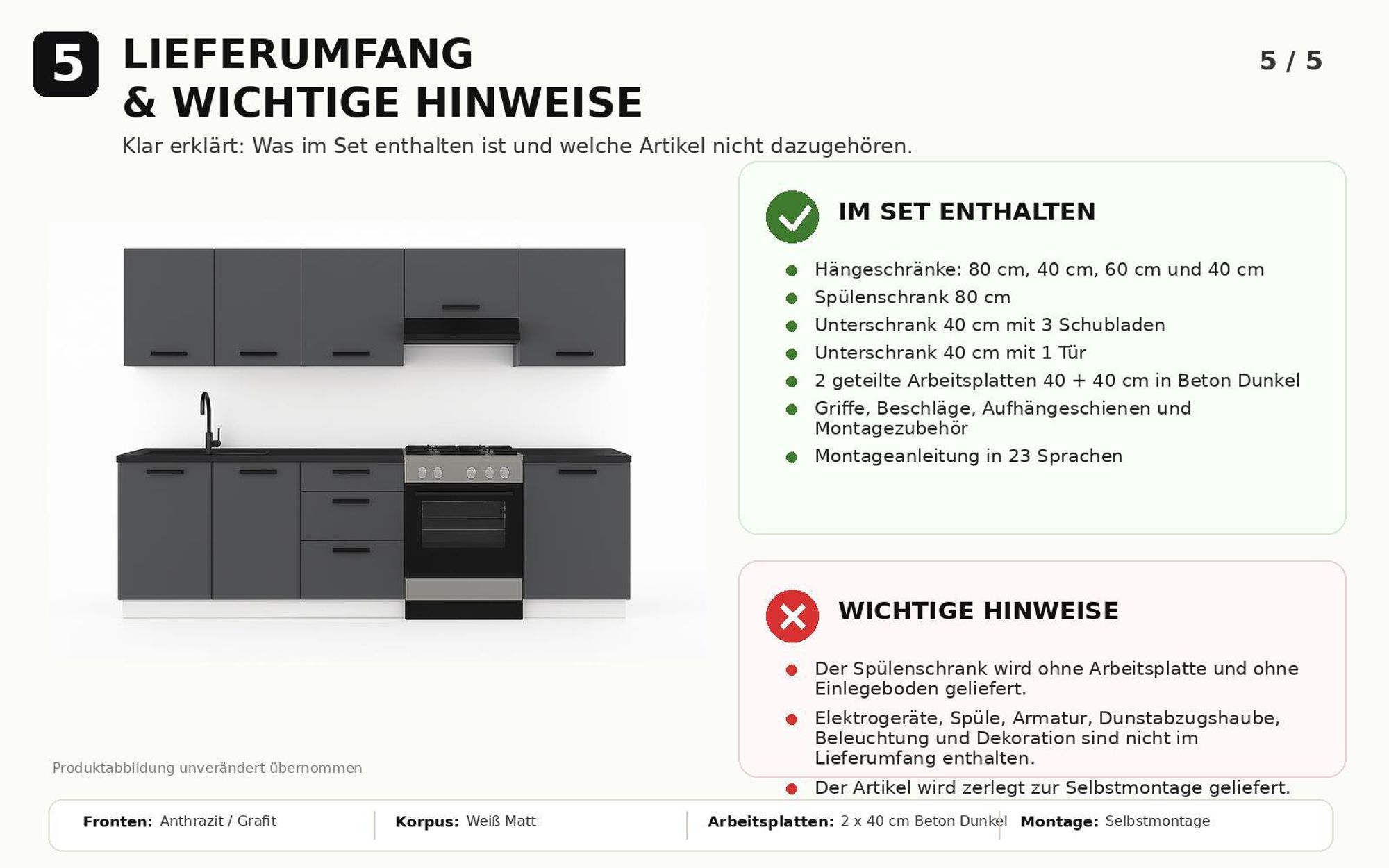 Lieferumfang der 220 cm Küchenzeile in Anthrazit-Grafit mit wichtigen Hinweisen.