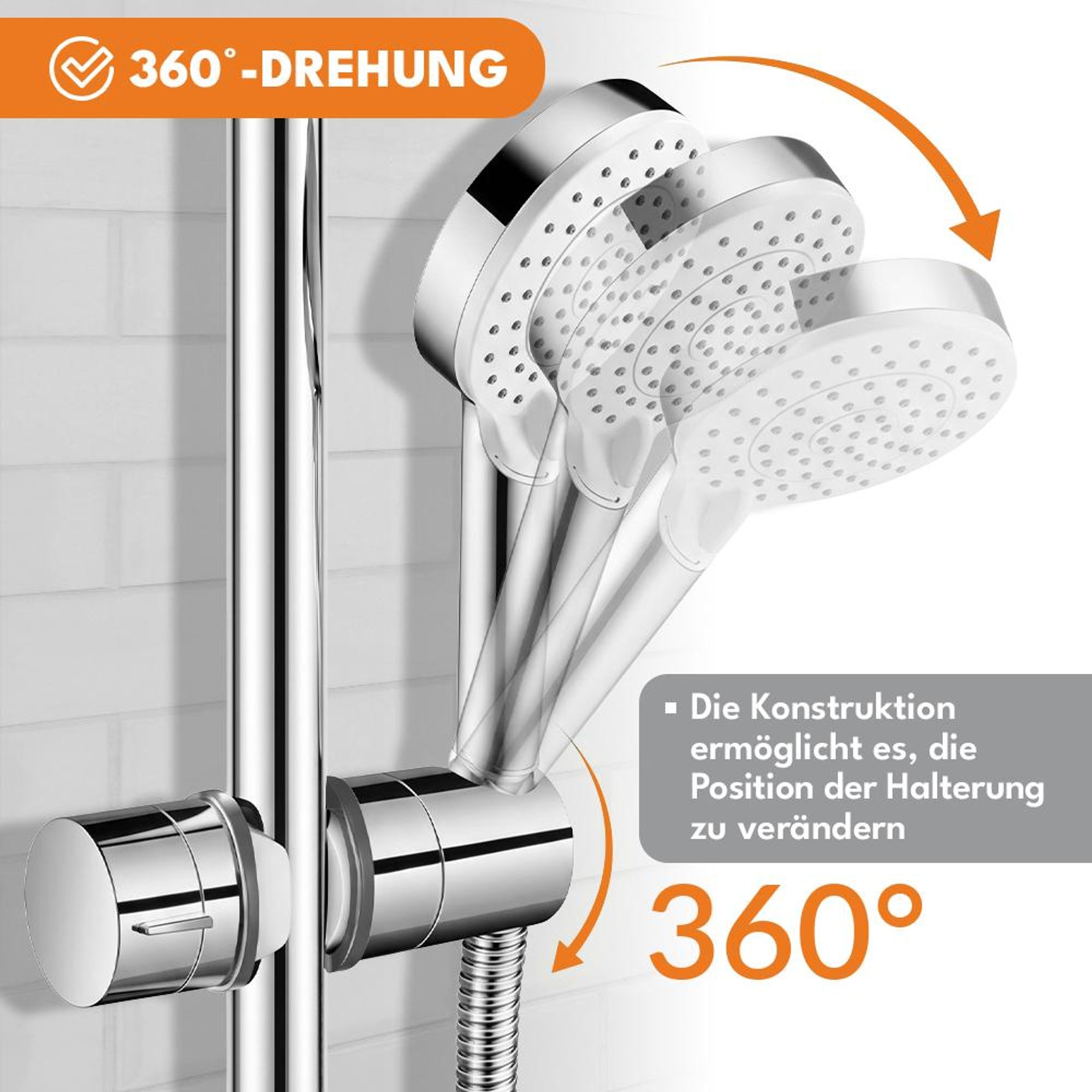 KRUMAD Duschkopfhalter Duschstange, Brausehalter, Duschkopfhalterung ohne Bohren, Brausehalter für Duschstange, Handbrause Halter, ABS, Verstellbar