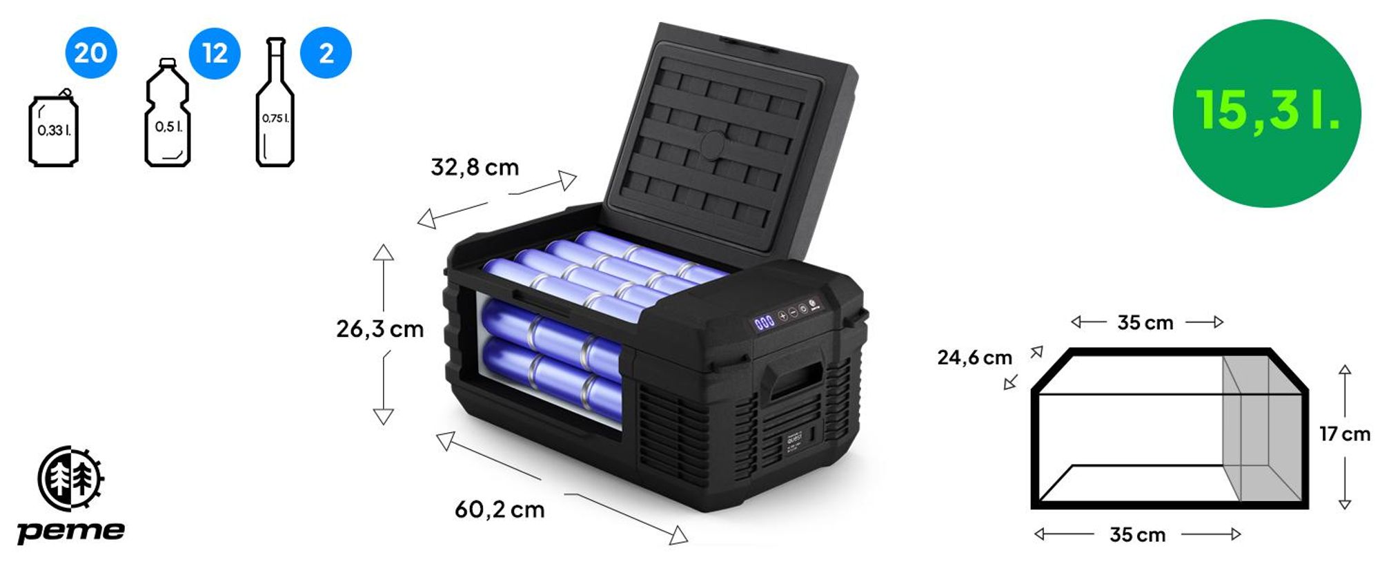 PEME Quest 15 Kompressor Kühlbox 15L - Autokühlschrank Elektrische Gefrierbox Auto PKW Wohnmobil Camping Mini Kühlschrank Kühltruhe App Tragbar -20°C