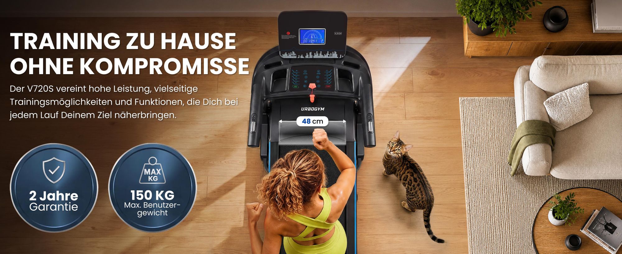 URBOGYM V720S Elektrisches Laufband, 20 km/h, 15 Steigungsstufen, 3,0 PS, 150 kg, klappbar, Bluetooth, 12 Trainingsprogramme