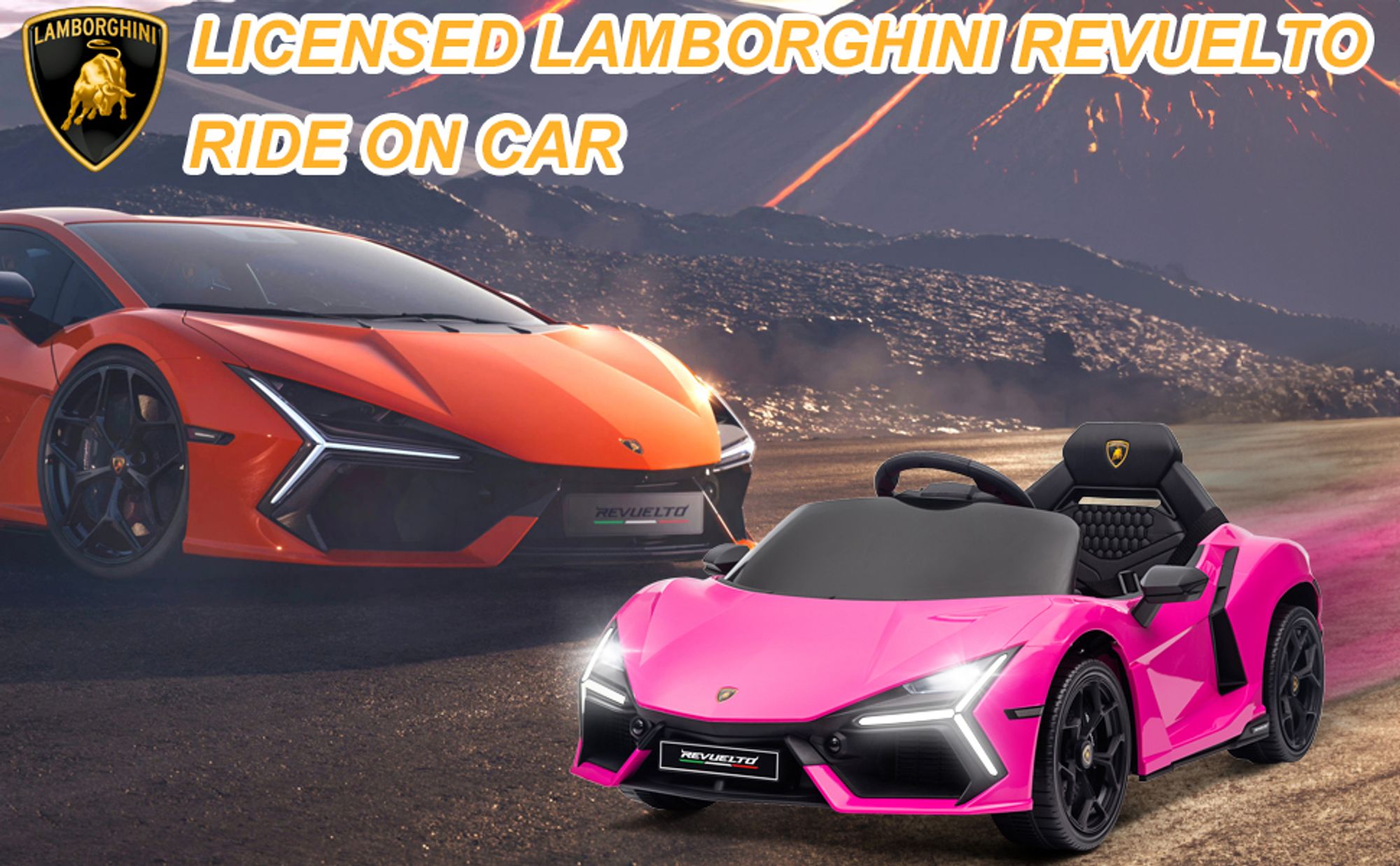 Lamborghini Revuelto, 12V Kinder-Elektroauto mit 2.4GHz Fernbedienung, drei Geschwindigkeitsstufen, Rosa