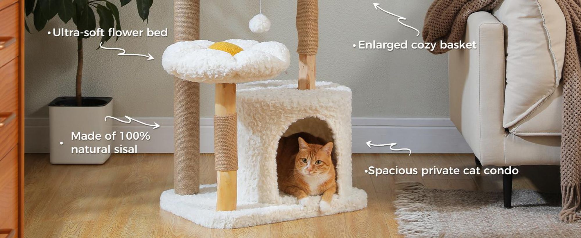 PURPURRA 123 cm Moderner Katzenbaum Turm für große Katzen mit Blumen-Sitzstange, natürliches Massivholz Katzenkratzbäume
