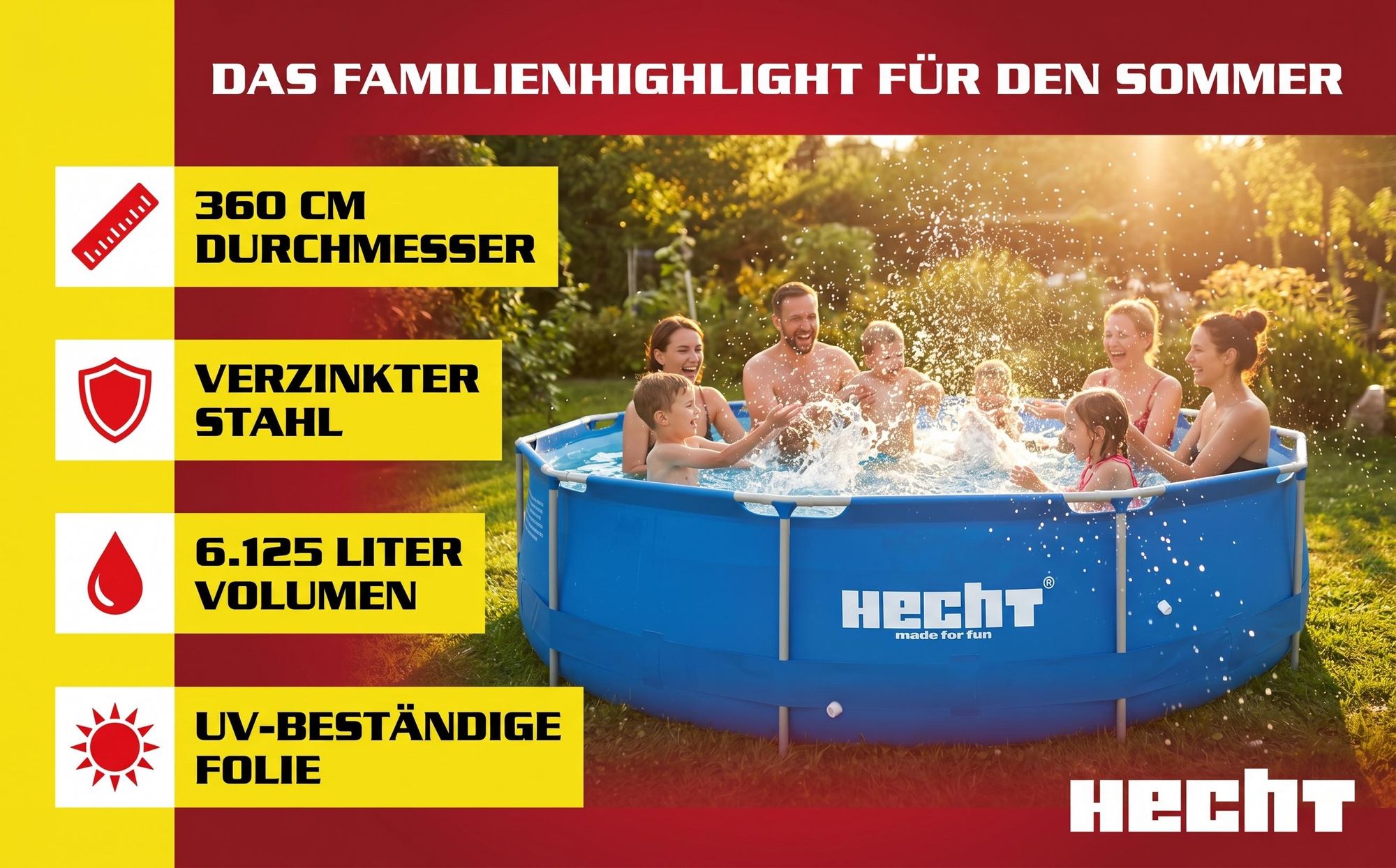 HECHT 3690 Metall Frame Pool Gartenpool | 360 x 76 cm | 6125 Liter | 2 x 32 mm Ø-Pumpenanschluss