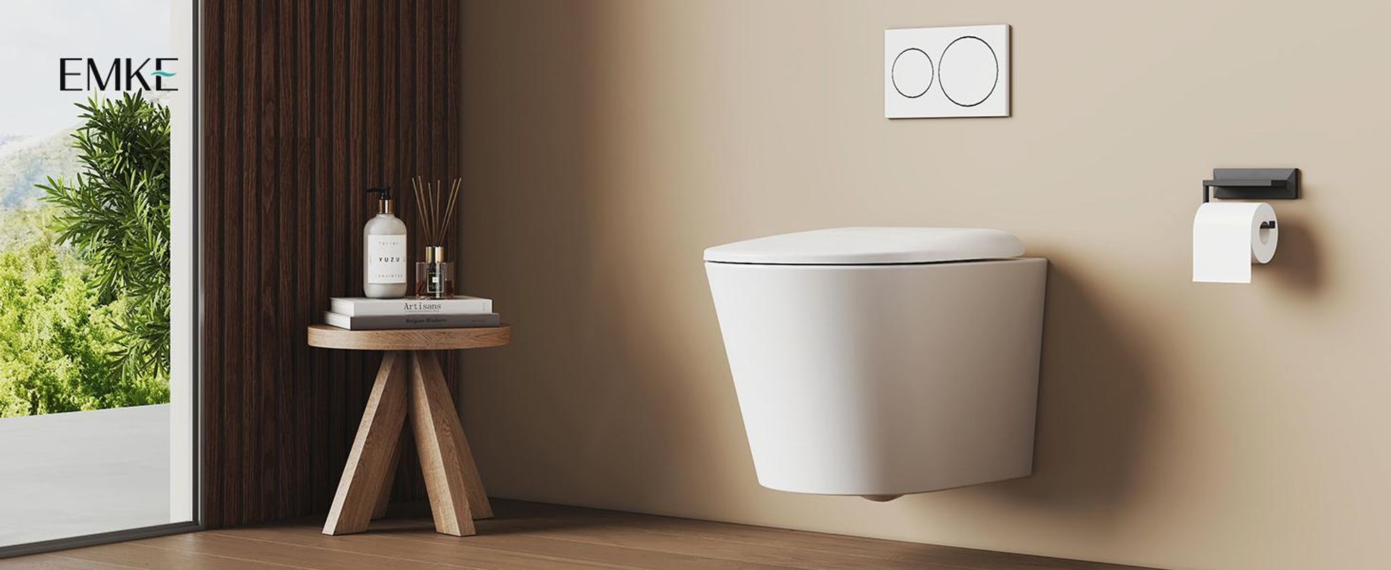 EMKE Toilettes suspendues Céramique Contre-chasse double trou Économie d'eau Montage mural Toilettes avec chasse d'eau directe Couvercle Soft-Close silencieux Blanc brillant
