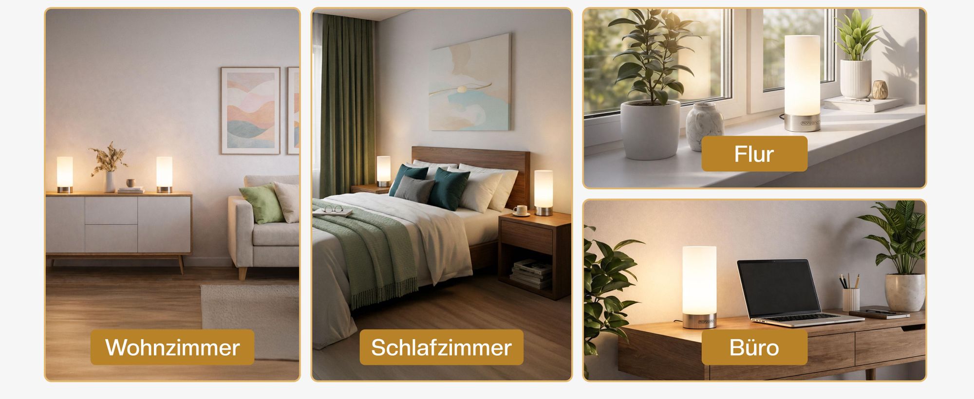 MONZANA® Nachttischlampe 2er Set Touch Dimmbar mit LED Leuchtmittel Glasschirm Tischlampe Tischleuchte Wohnzimmer Schlafzimmer Nachtlicht Leselampe