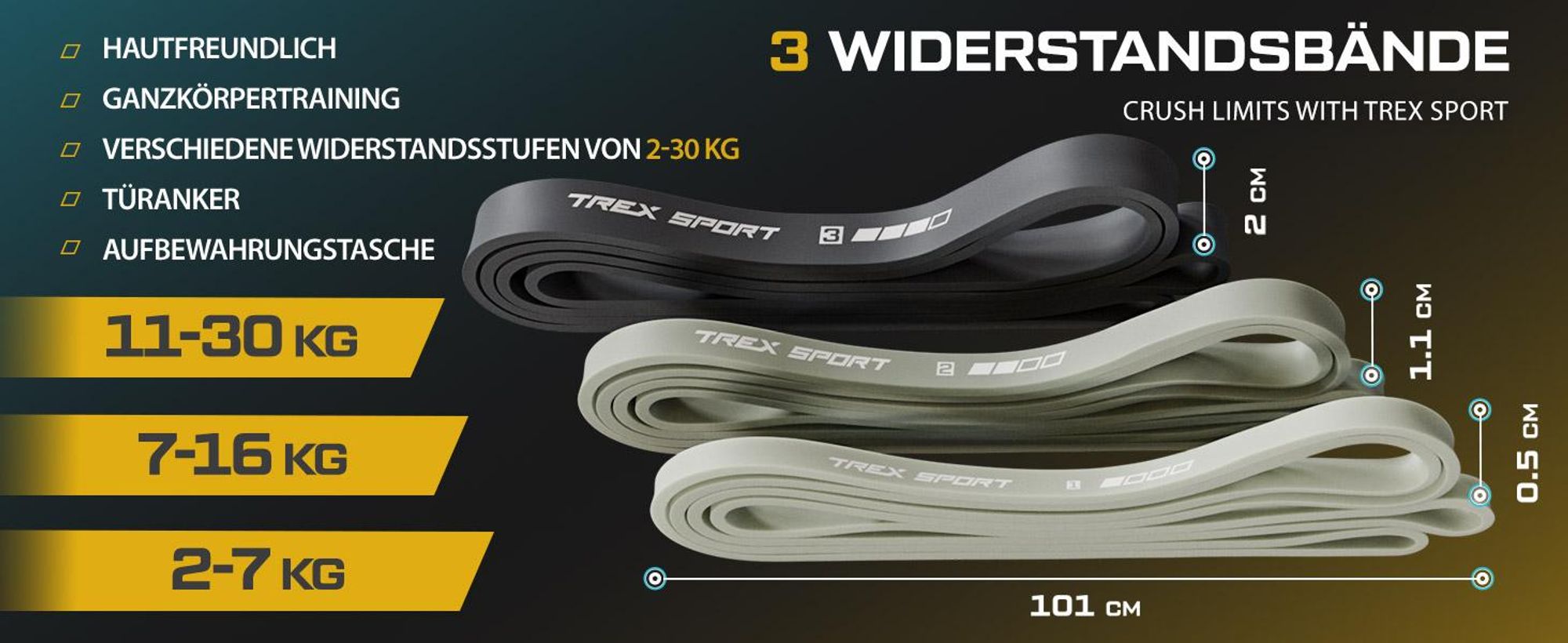TREX SPORT Gymnastikband 3 Stück Set TX-003PB Widerstandsband | Klimmzugband, Fitnessband 100% Latex, 2-30 kg, mit Türanker | Resistance Band Grau