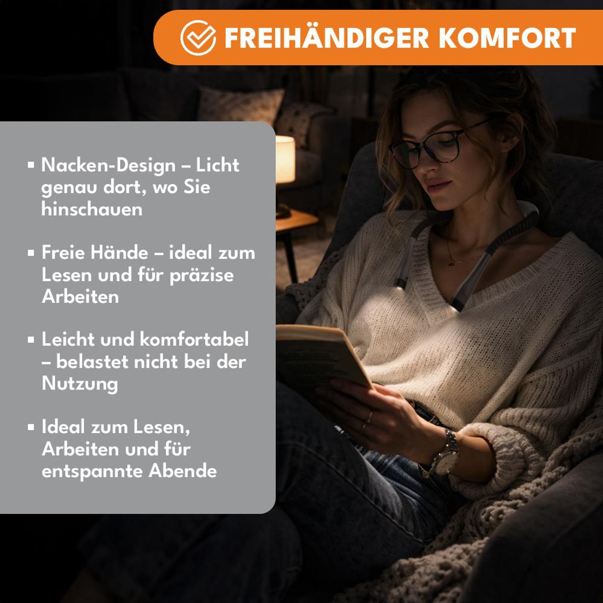 KRUMAD LED Leselampe Hals, Wiederaufladbare Nackenlampe mit 3 Lichtmodi, Flexibel & Augenschonend, Buchlampe für Bett, Lesen & Reisen