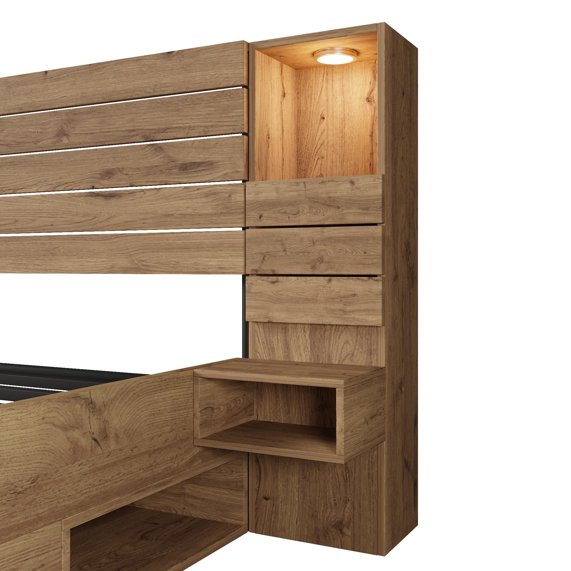 Flieks Stauraumbett Doppelbett 180x200cm mit USB & Type-c, Jugendbett Holzbett mit LED, Funktionsbett mit Schubladen, offene Fächer & Nachttisch, Oak