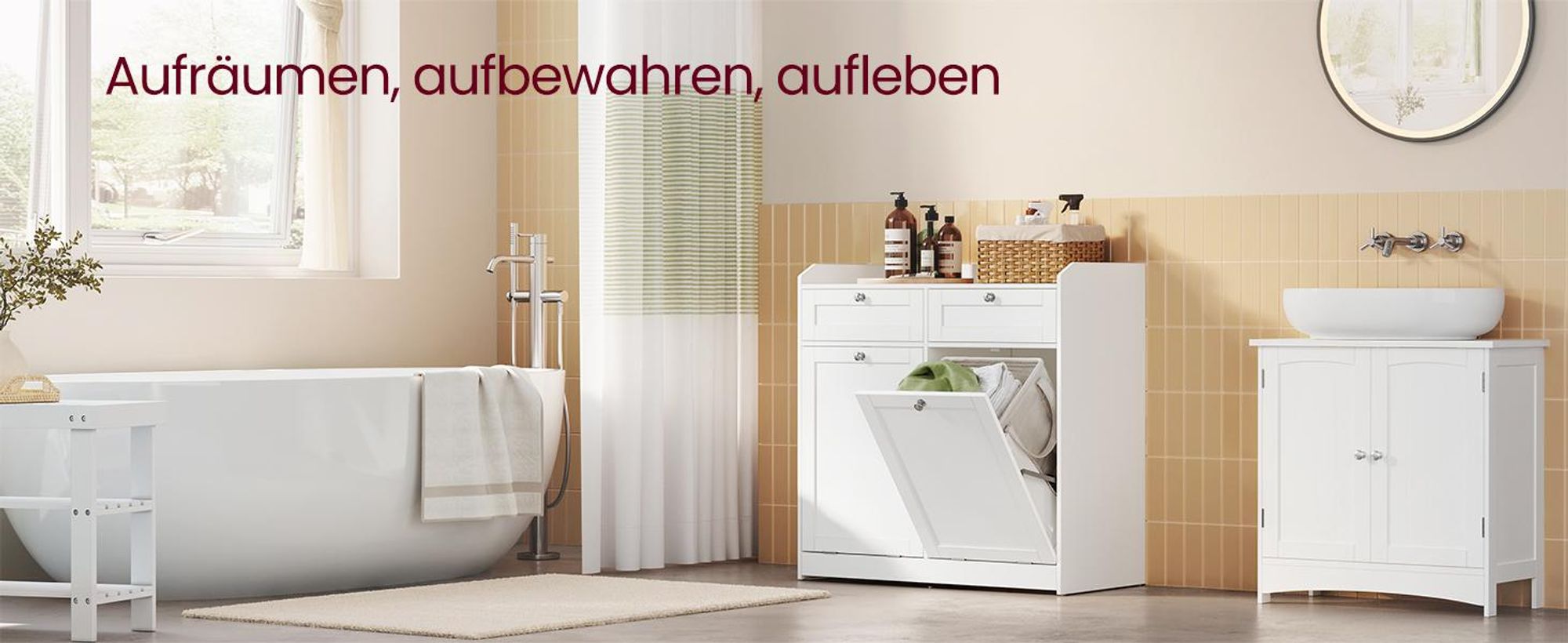 VASAGLE Badschrank mit Wäschekörbe, Wäscheschrank, Badezimmerschrank mit 2 Schubladen und 2 Wäscheboxen, herausnehmbare Innentaschen mit Griffen