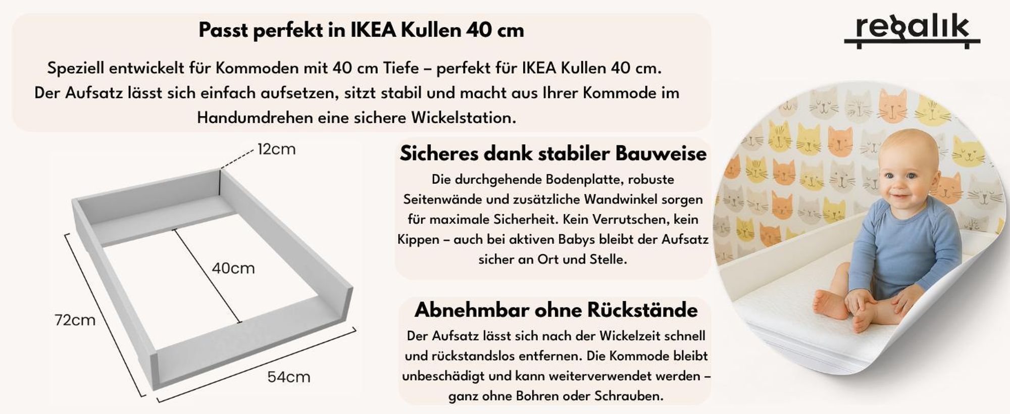 regalik Wickelaufsatz für Kullen von IKEA, Wickeltischaufsatz für 40 cm Kommoden, Abnehmbar Wickelkommode aufsatz, Gerade Frontplatten, Weiß, 72cm x 54cm