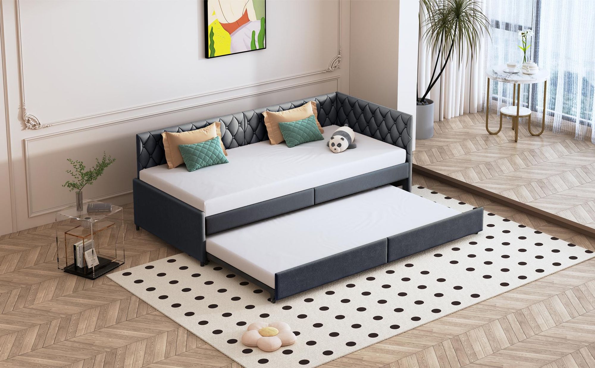 Unter dem Tagesbett 90x200 befindet sich ein praktisches bett ausziehbar, das als Schlafplatz.