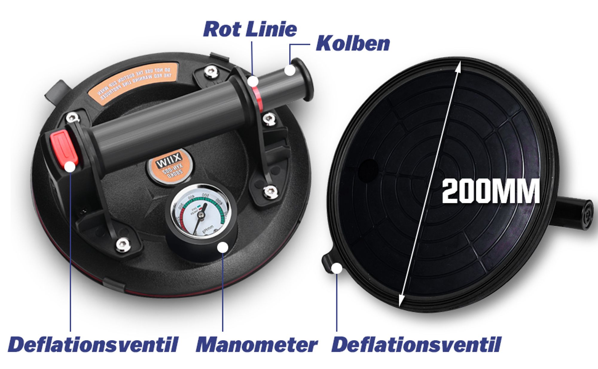 2X 8'' Saugheber Glasheber mit Manometer, Max. 280kg, Vakuum Saugnapf Fliesenheber, Glassauger Saughalter Plattenheber für Fliesen,Glas,Marmor