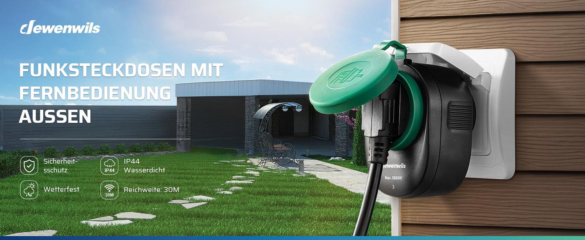 DEWENWILS Funksteckdose mit Fernbedienung, Außen steckdose 4er Set, IP44, 3680W