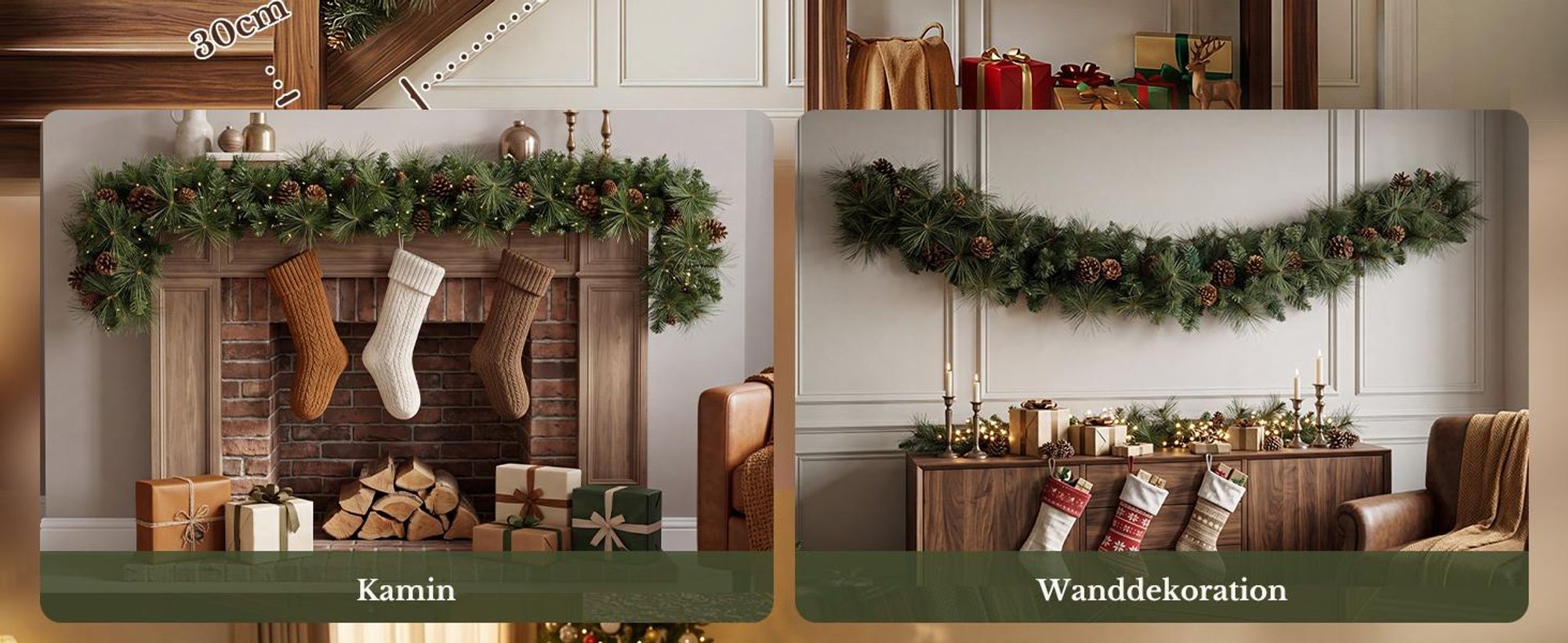 HOKEEPER Weihnachtsgirlande 180 cm mit grünen PVC-Nadeln & Zapfen