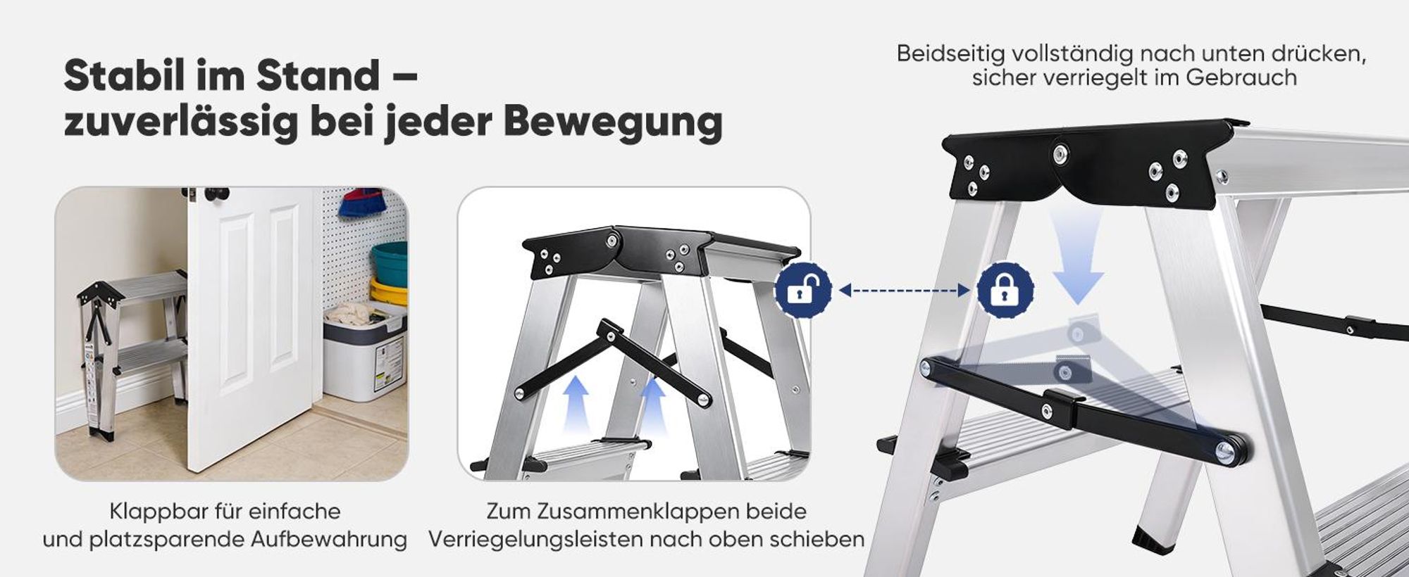 Sekey Trittleiter 2 Stufen klappbar aus Aluminium, bis 150 kg belastbar, für Haushalt & Küche