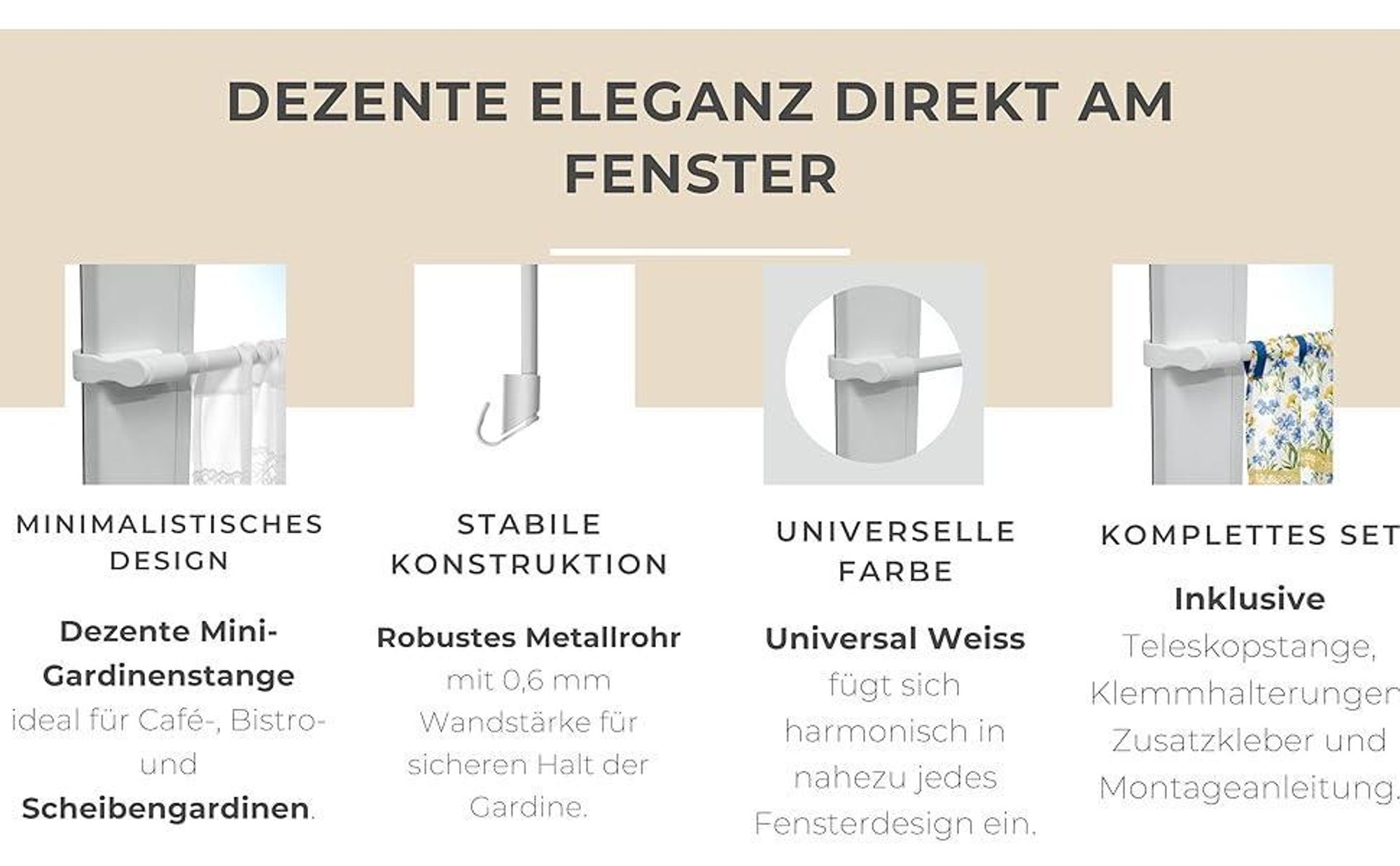 Mini Cafe Gardinenstange ohne Bohren Teleskopstange zum Klemmen 45-75 cm Weiß  Klemmstange für Fensterrahmen Ausziehbar Scheibengardinen
