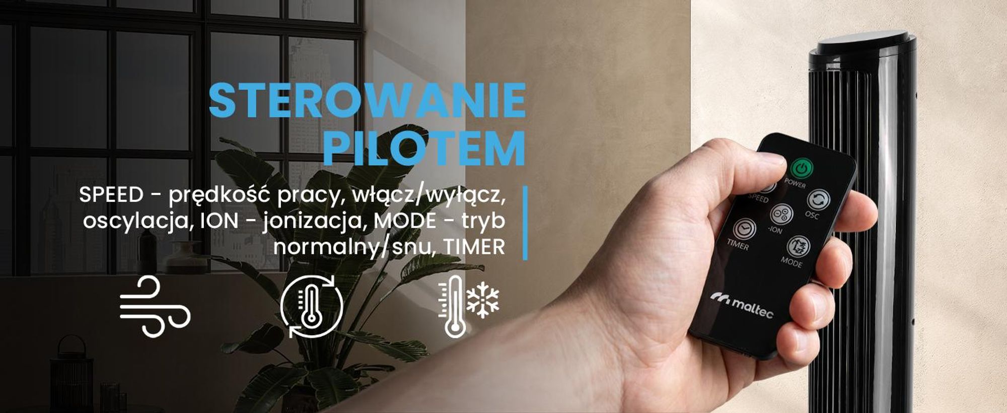 Wentylator kolumnowy z jonizacją ze zdalnym sterowaniem