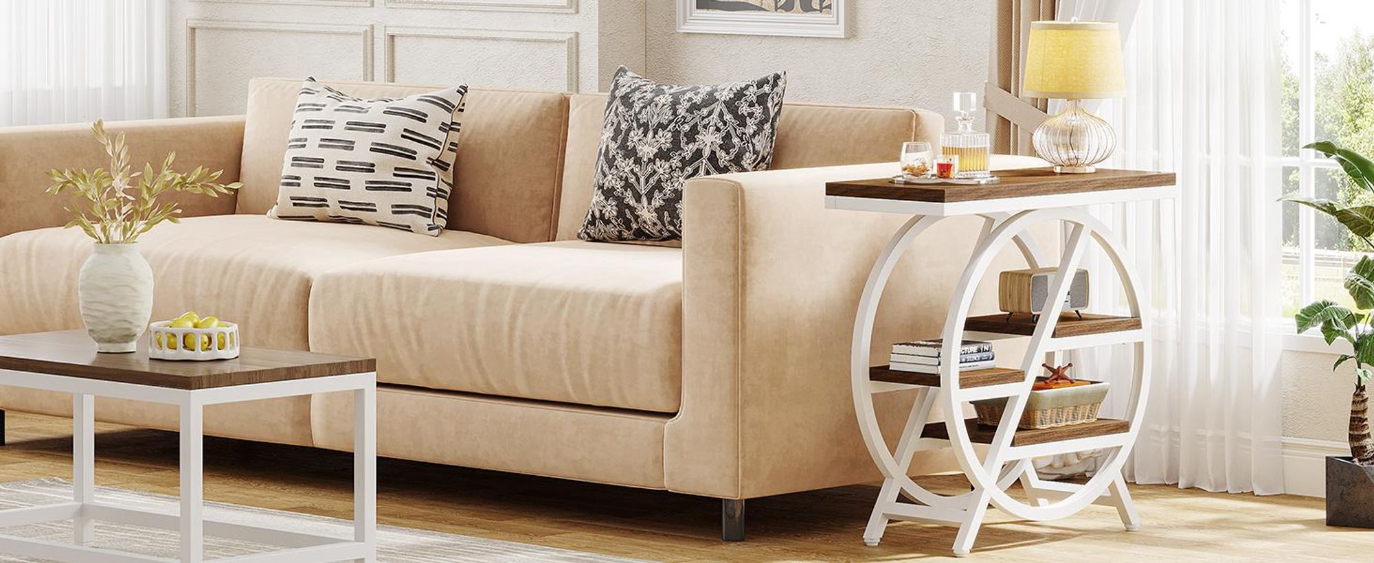 Schmaler Beistelltisch mit 4 Ablageflächen, großer Stauraum, couchtisch, Sofatisch, moderner Nachttisch für Wohnzimmer, Homeoffice, Schlafzimmer