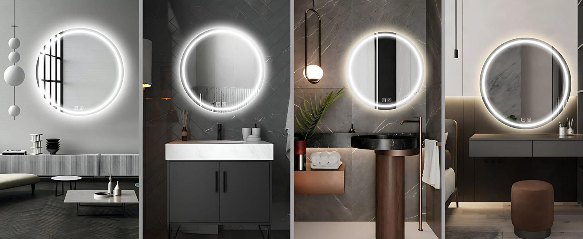 Kulaté LED zrcadlo do koupelny, 60 cm – s ochranou proti zamlžování, 3 barvy světla (CCT), plynule stmívatelné, dotykový senzor, IP44, moderní bezrámové zrcadlo do koupelny
