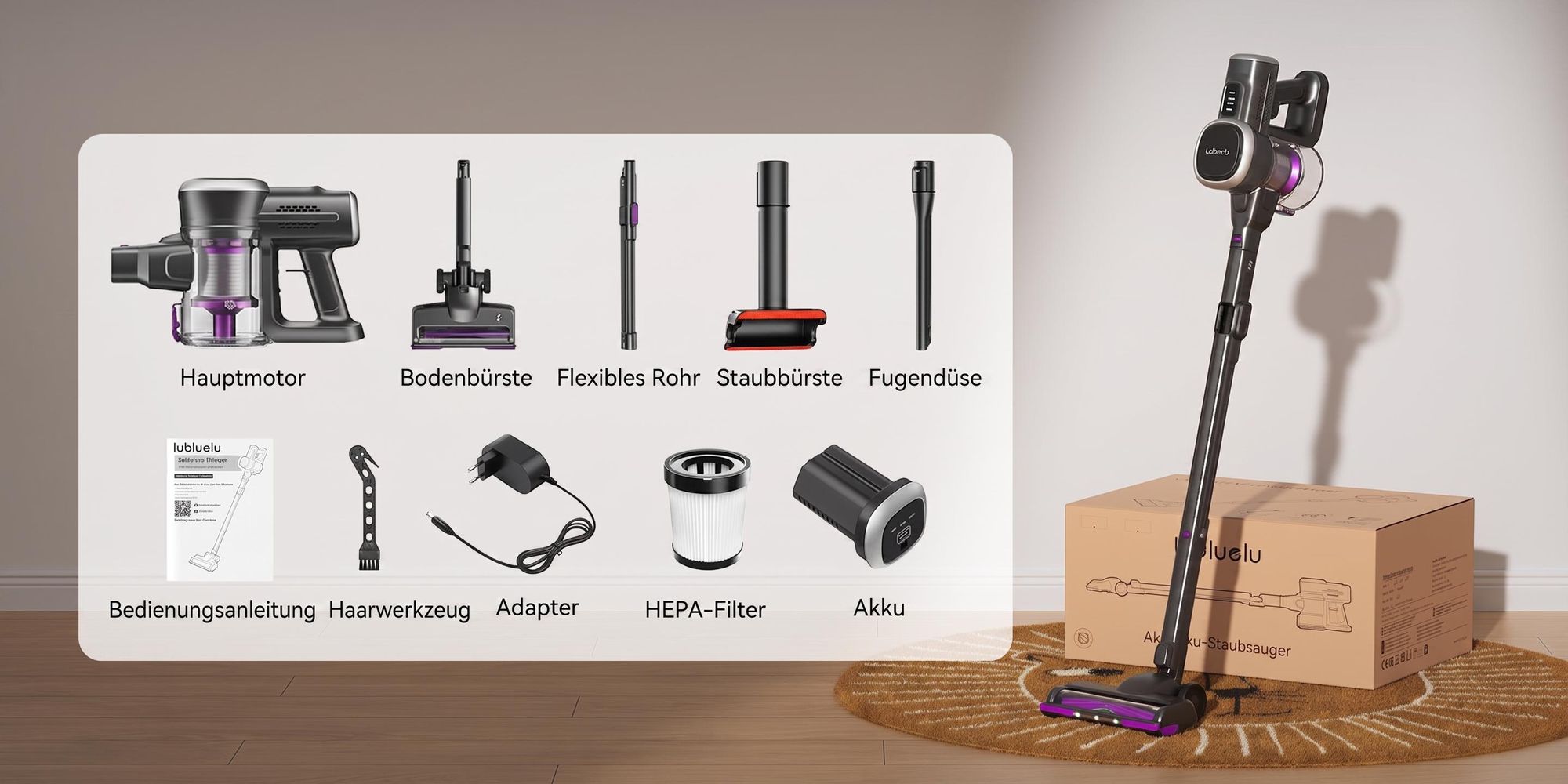 Lubluelu Akku-Staubsauger,80000PA/ 650W/50Min, Staubsauger Kabellos Mit Selbststehendes Design, Flexibles Biegegelenk, Anti-Tangle Bodenbürste,P5