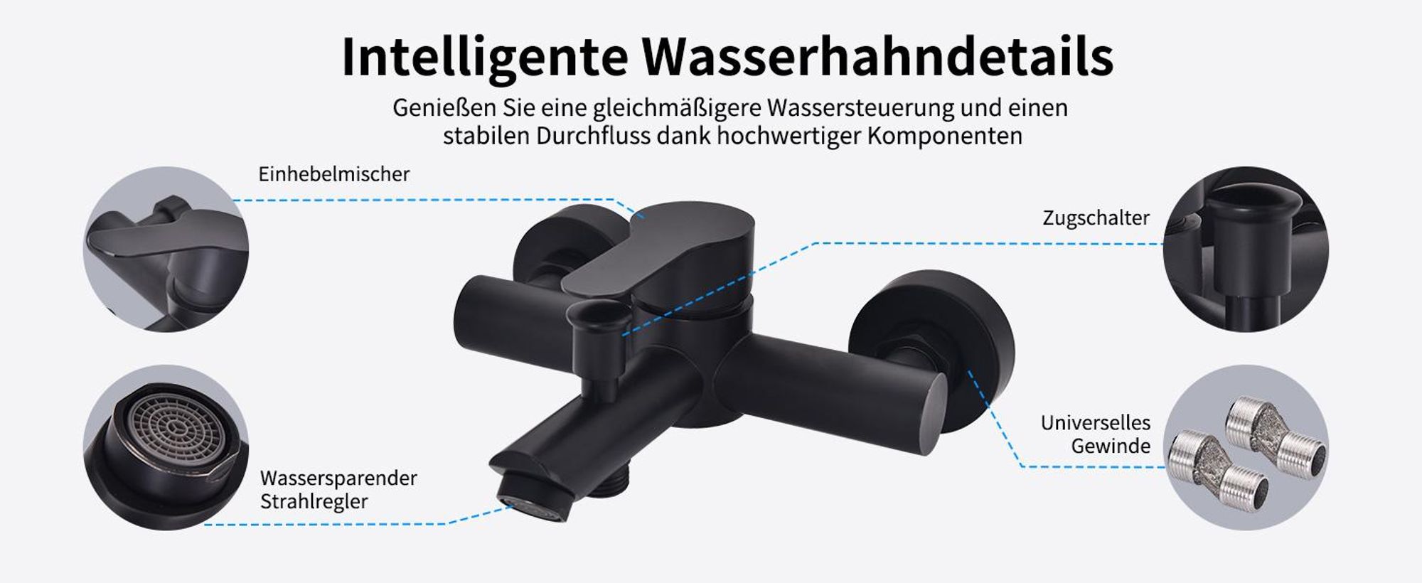 Homelody Badewannenarmatur Ohne Handbrause, Mischbatterie Badewanne Wandmontage, 2 Ausgänge Einhebelmischer Duscharmatur mit Wanneneinlauf, Schwarz