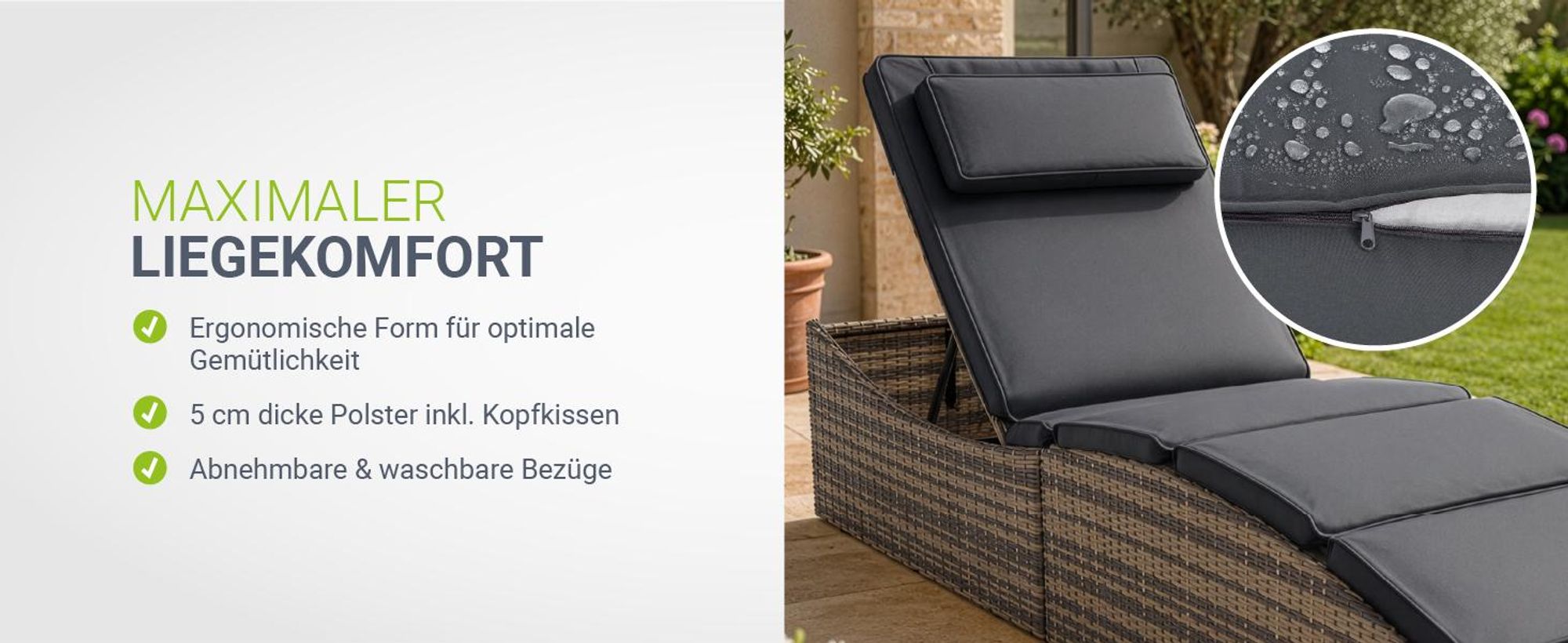 Juskys Sonnenliege Lamia klappbar - Polyrattan Gartenliege mit Auflage - Grau