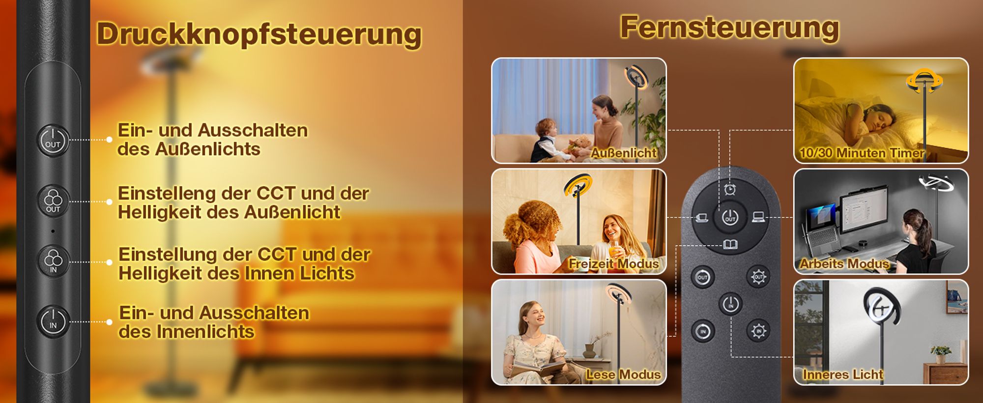 LED Stehlampe Dimmbar 1900K-6500K Stehleuchte Drehbarem Doppelring mit Fernbedienung für Arbeitszimmer, Wohnzimmer, Schlafzimmer, Büro