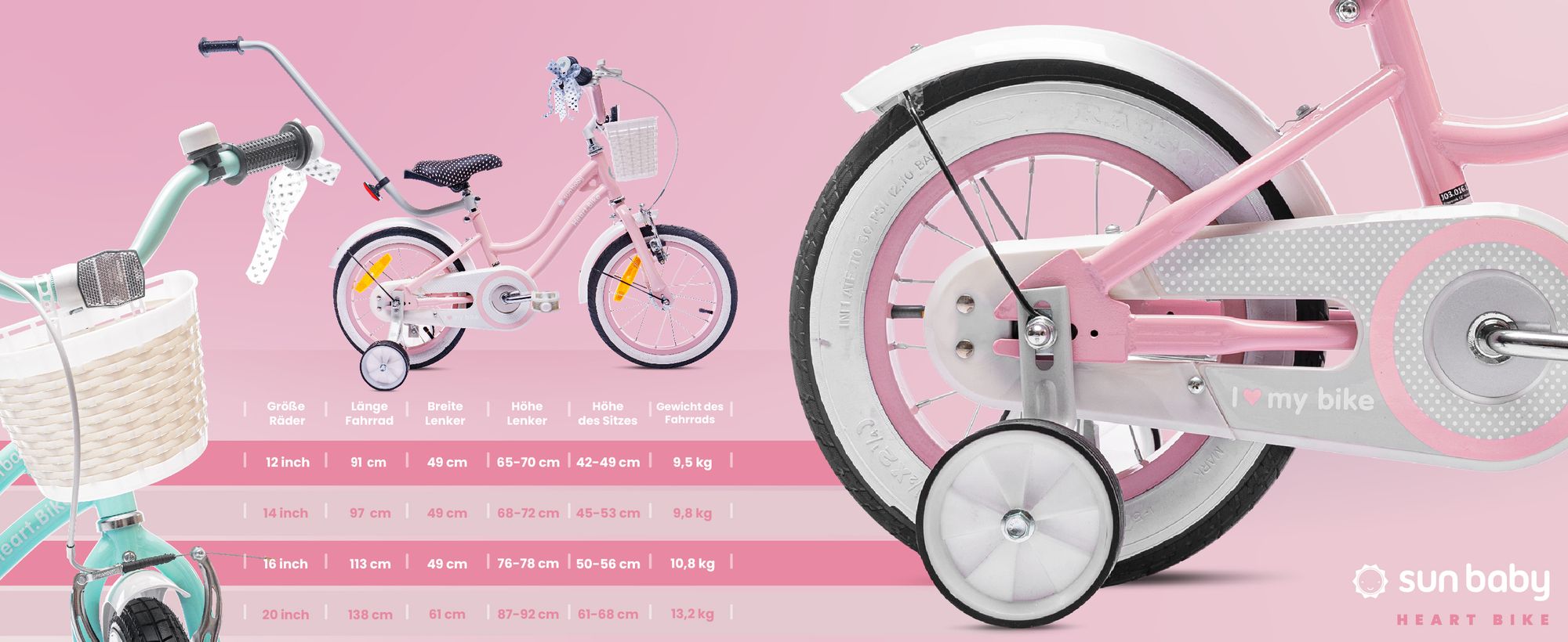 Mädchen fahrrad 12 Zoll Glocke Zusatzräder Schubstange Heart Bike Türkis