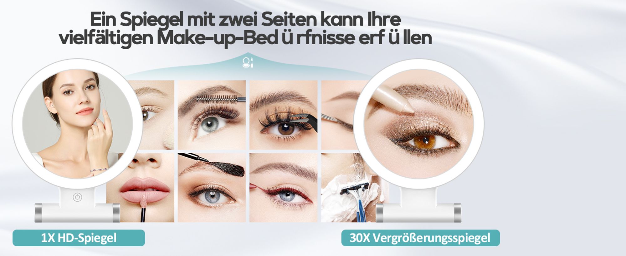 Schminkspiegel mit Beleuchtung,Doppelseitiger1X/30X Vergrößerungsspiegel mit Licht, 2000mAh 3 Farben Beleuchtungsmodi, Einstellbare Helligkeit, Faltbarer Kompakter Makeup Spiegel Reisegröße