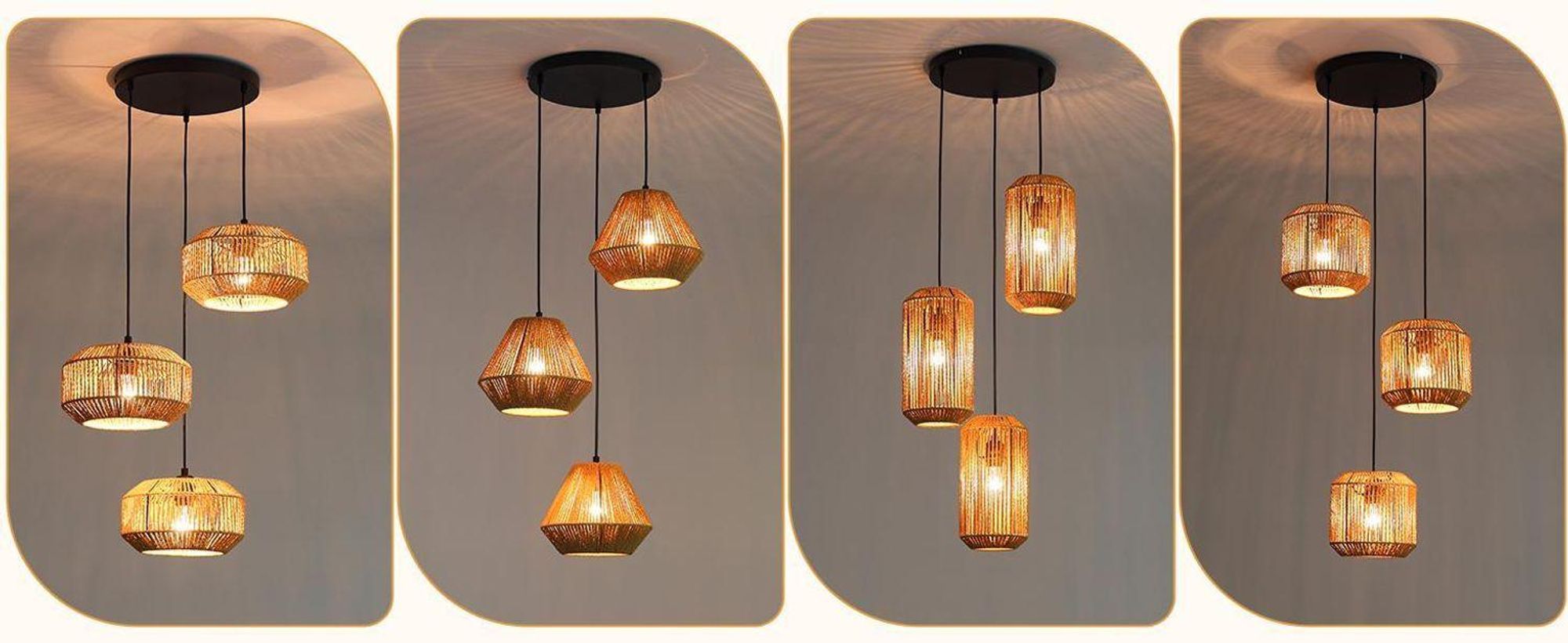 ZMH Lámpara colgante de ratán Boho 3 luces lámpara mesa comedor regulable altura casquillo E27 cuerda papel para comedor dormitorio