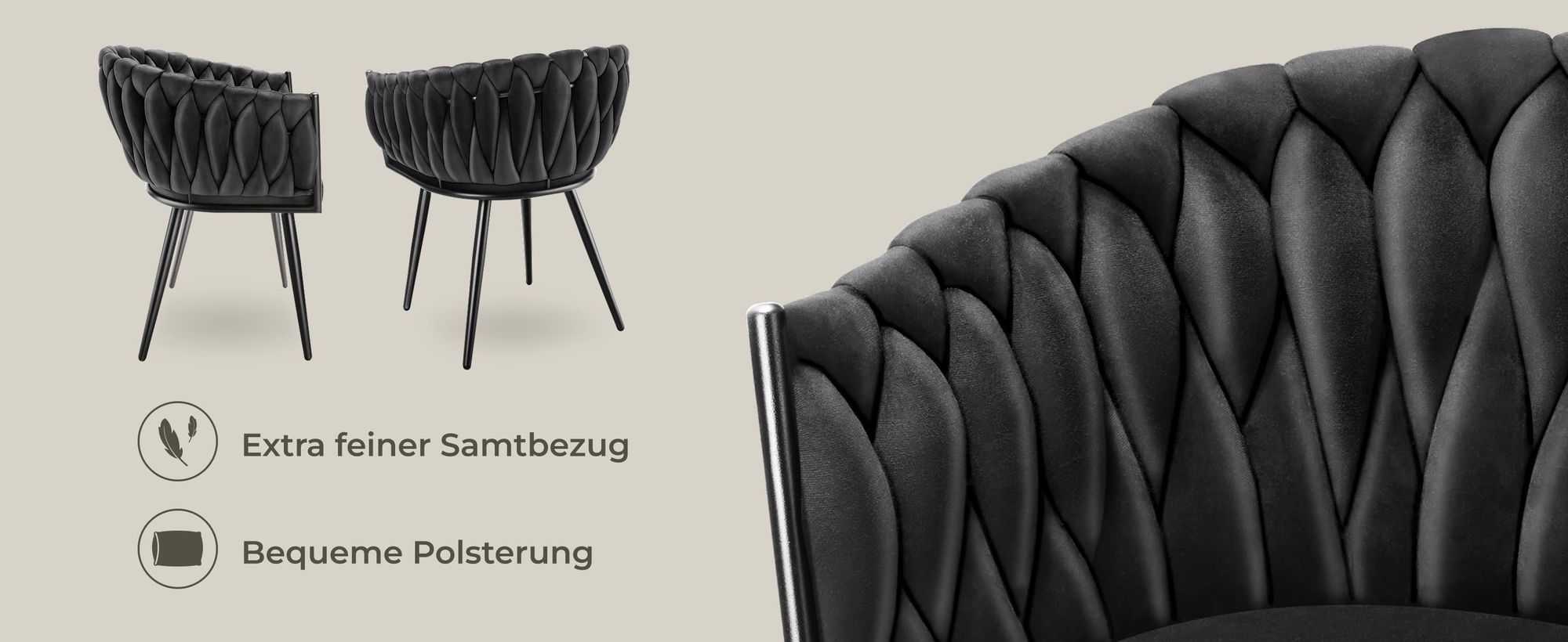 tectake® Set Esszimmerstuhl Astano gepolstert, mit Samtbezug, Knotendesign 60,5 x 55 x 75 cm