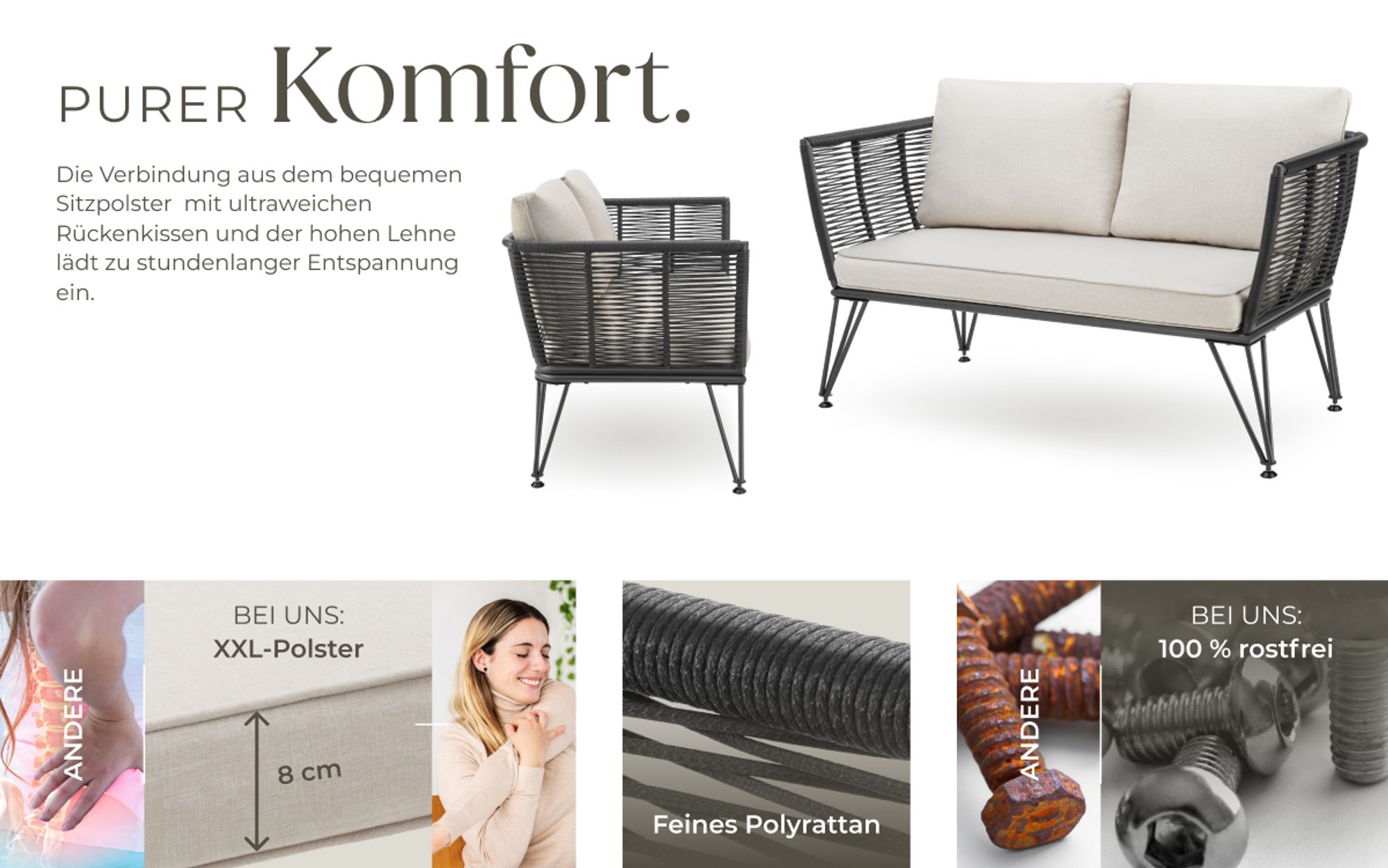 tectake® Garten-Loungesofa Sundo im Rope-Design mit Polyrattan