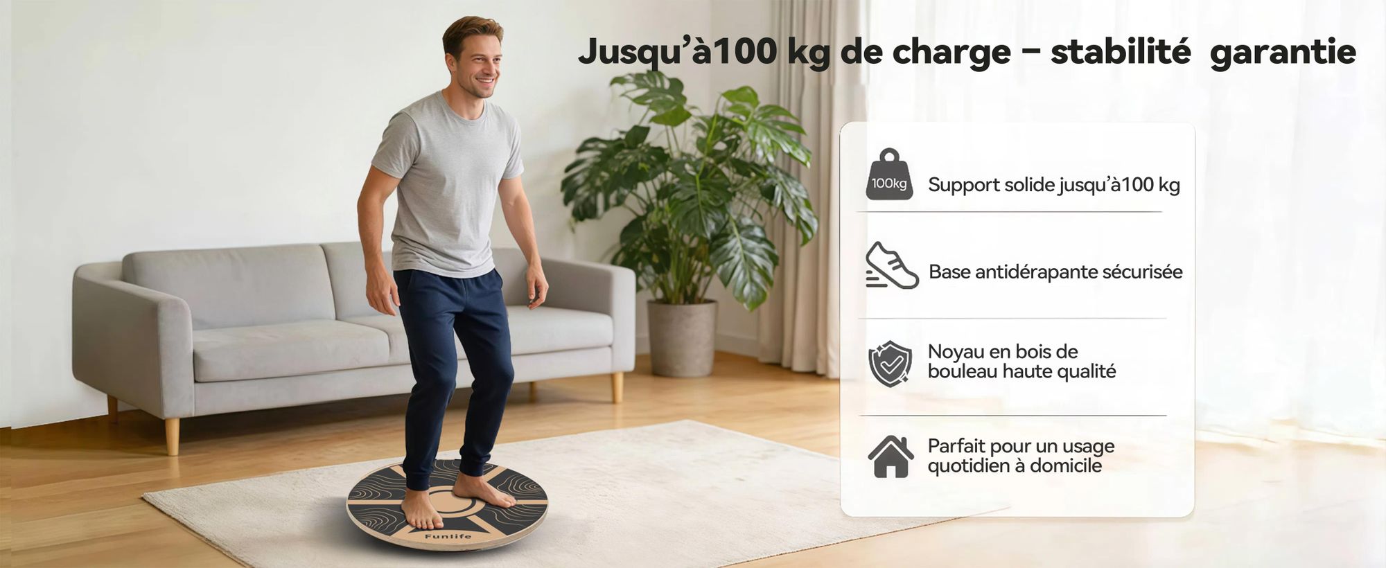 FunLife Balance Board rond en bois de bouleau TERRA – Appareil d'entraînement à l'équilibre pour un travail du tronc et un équilibre à 360°, antidérapant et durable, Core Disc jusqu'à 100 kg