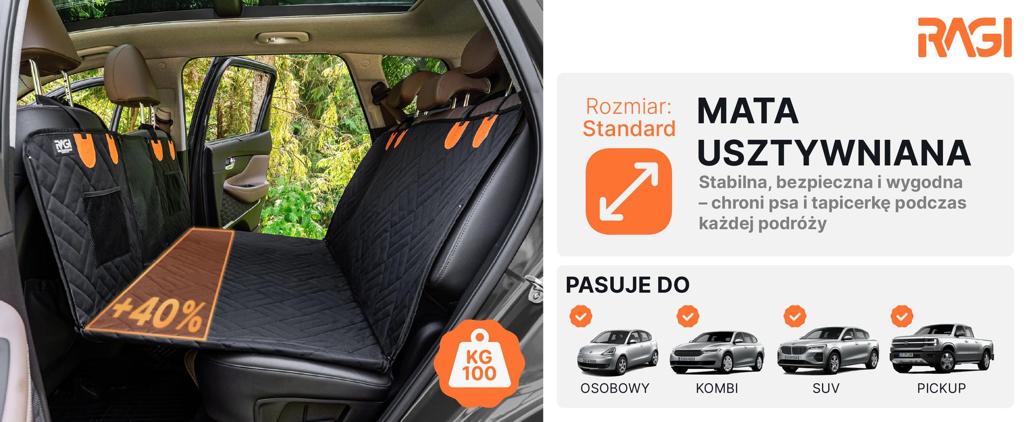 RAGI mata samochodowa dla psa z usztywnieniem 127×62 cm – pokrowiec na tylne siedzenie lub do bagażnika, z pasem, siatką, kieszeniami i zamkami