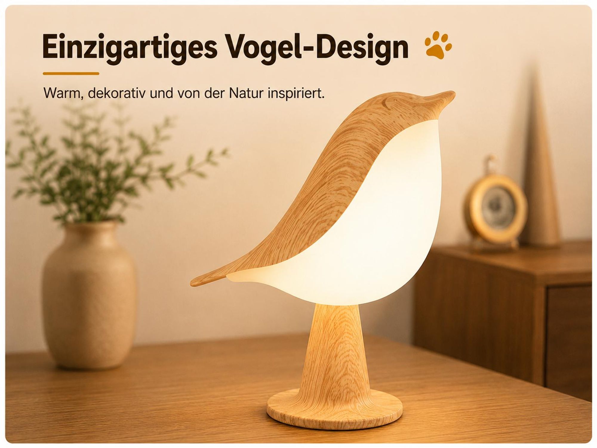 Nachtlicht mit Touch Control, 1x Kabellos Dimmbar LED Akku Lampe USB Tischlampe Vogel Nachttischlampe Für Kinder Erwachsene Geschenke Deko, 1800mAh