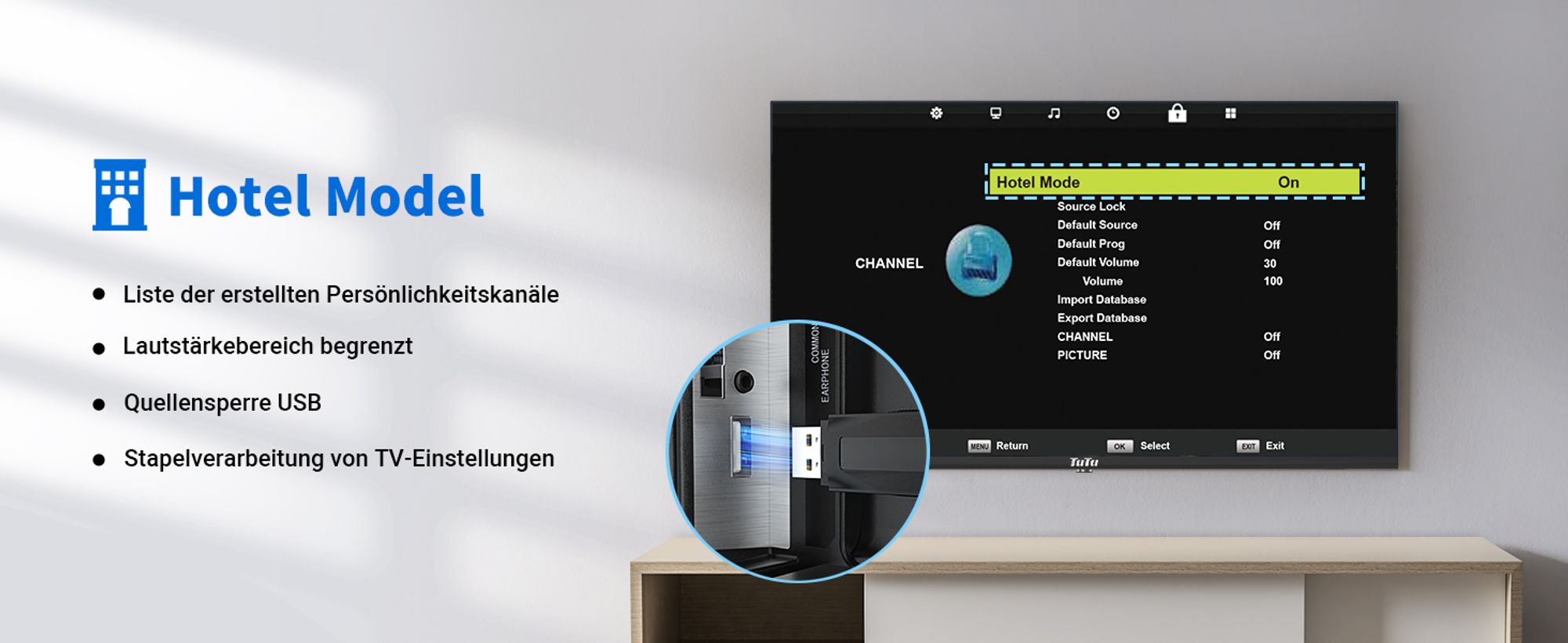 TuTu Standard TV - LED HD - 32 Zoll/82 cm - Randlos Design - Mittelfuß - Tripple Tuner DVB-T/T2/S/S2/C - HDMI x3, USB x2, CI+ - Montiert in Eindhoven - TUB32HN1NC