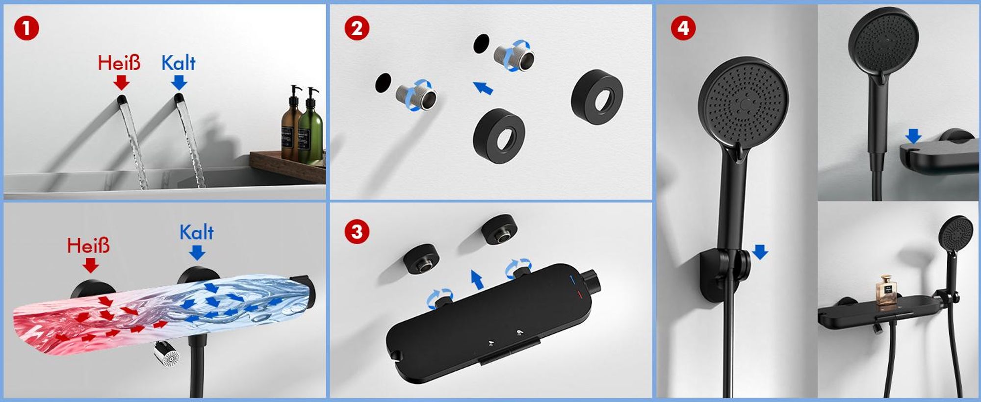 Homelody Brausebatterie-Set, Brausebatterie mit Handbrause & Ablage, Badewannenarmatur Brausehalter und Brauseschlauch inkl. Schwarz