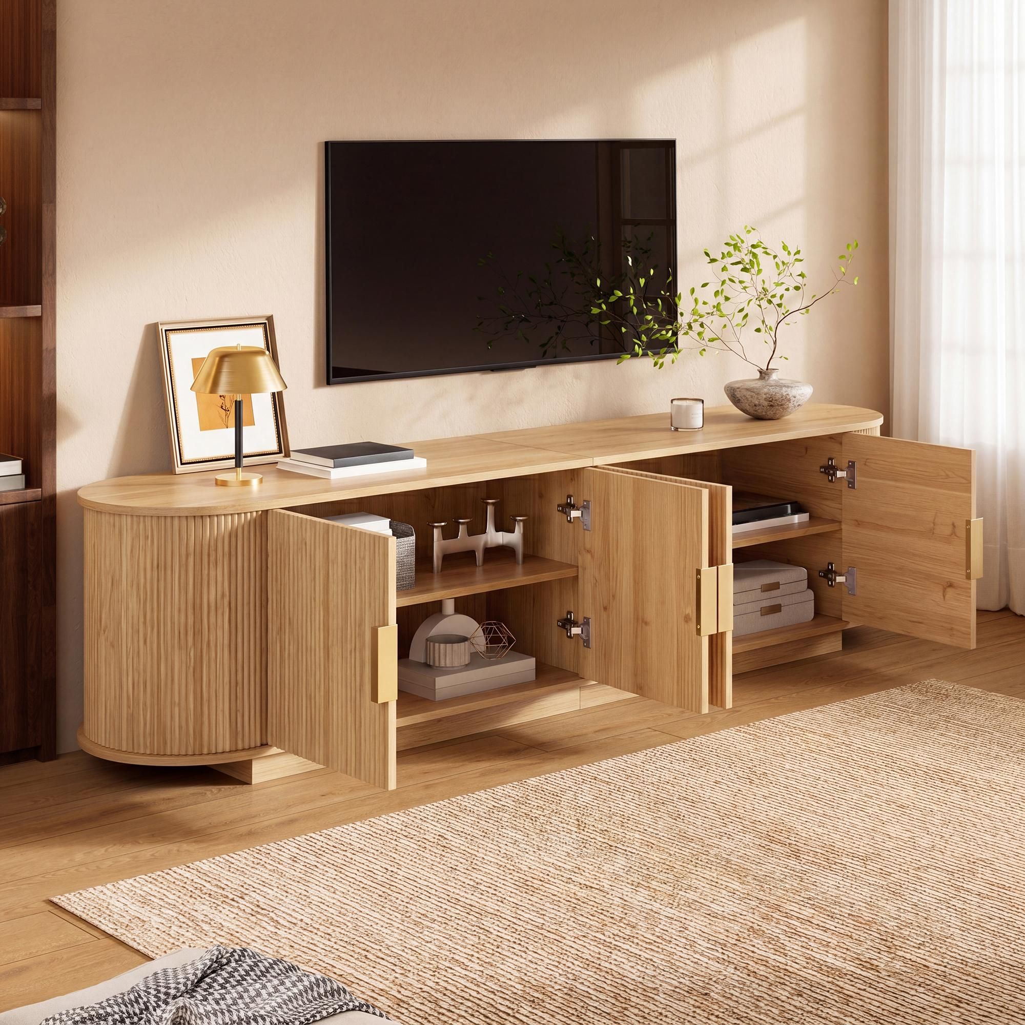Merax TV-Schrank mit 4 Türen, TV Lowboard mit Wellenstruktur und Metallgriffen, TV-Board Wohnzimmerschrank aus MDF und Spanplatte, Natur