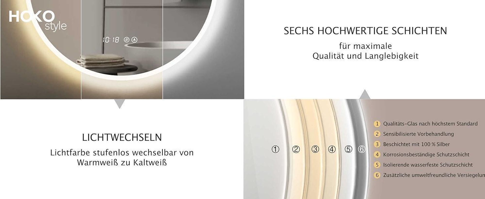 HOKO LED Wandspiegel Rund 80 cm Anti-fog Uhr Modernes Design Touch-Schalter & Warmweiß/Kaltweiß