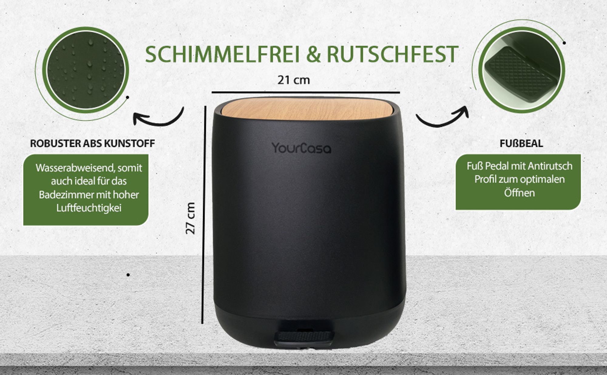 YourCasa Mülleimer Bad [5L] - Badmülleimer - Badezimmer Mülleimer Klein - Kosmetikeimer Bad Mülleimer mit Deckel und Softclose Abfalleimer Bad