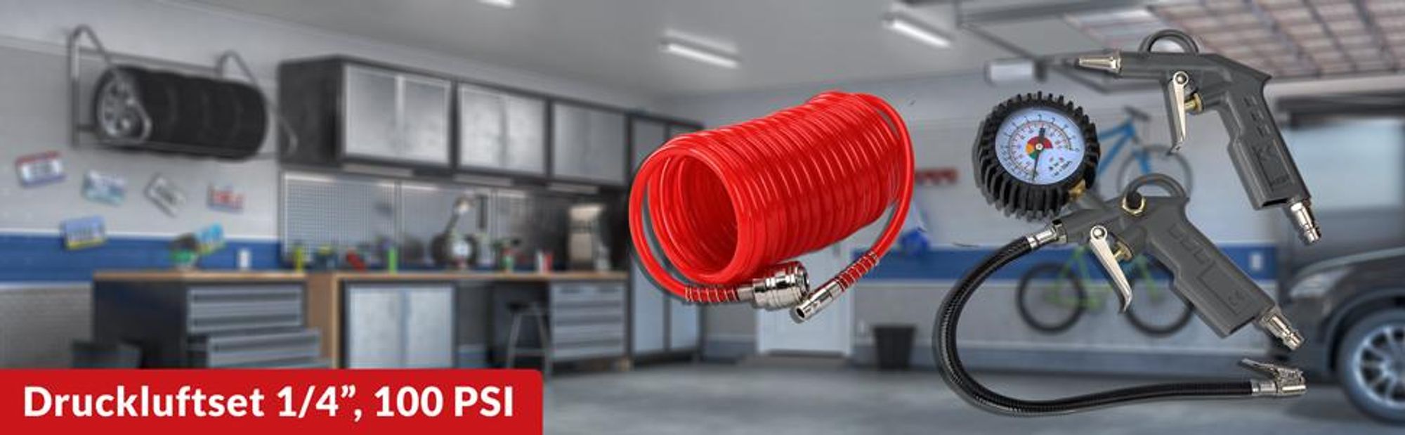 DEUBA® Druckluft Set 3tlg. 12 bar Für Gängige Kompressoren 5m Schlauch Schnellkupplung Manometer Ausblaspistole Reifenfüller Luftdruckprüfer Werkzeug