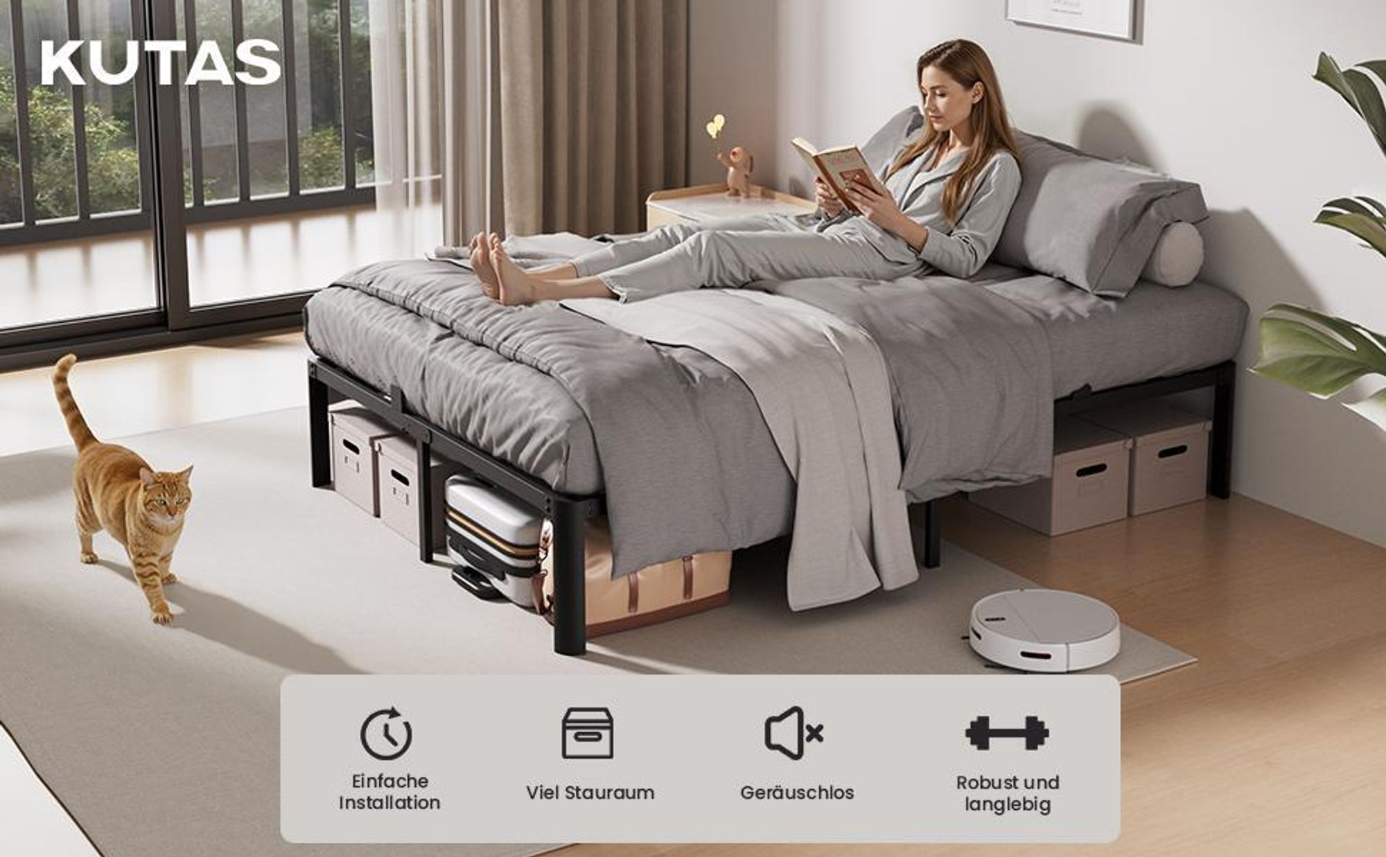140 x 200 cm Bett , Bettgestell mit Stauraum, KUTAS Betten mit 14 Reihen Metalllamellen & fächerförmigen Füßen, Industriestil, bis 480 kg, Schwarz