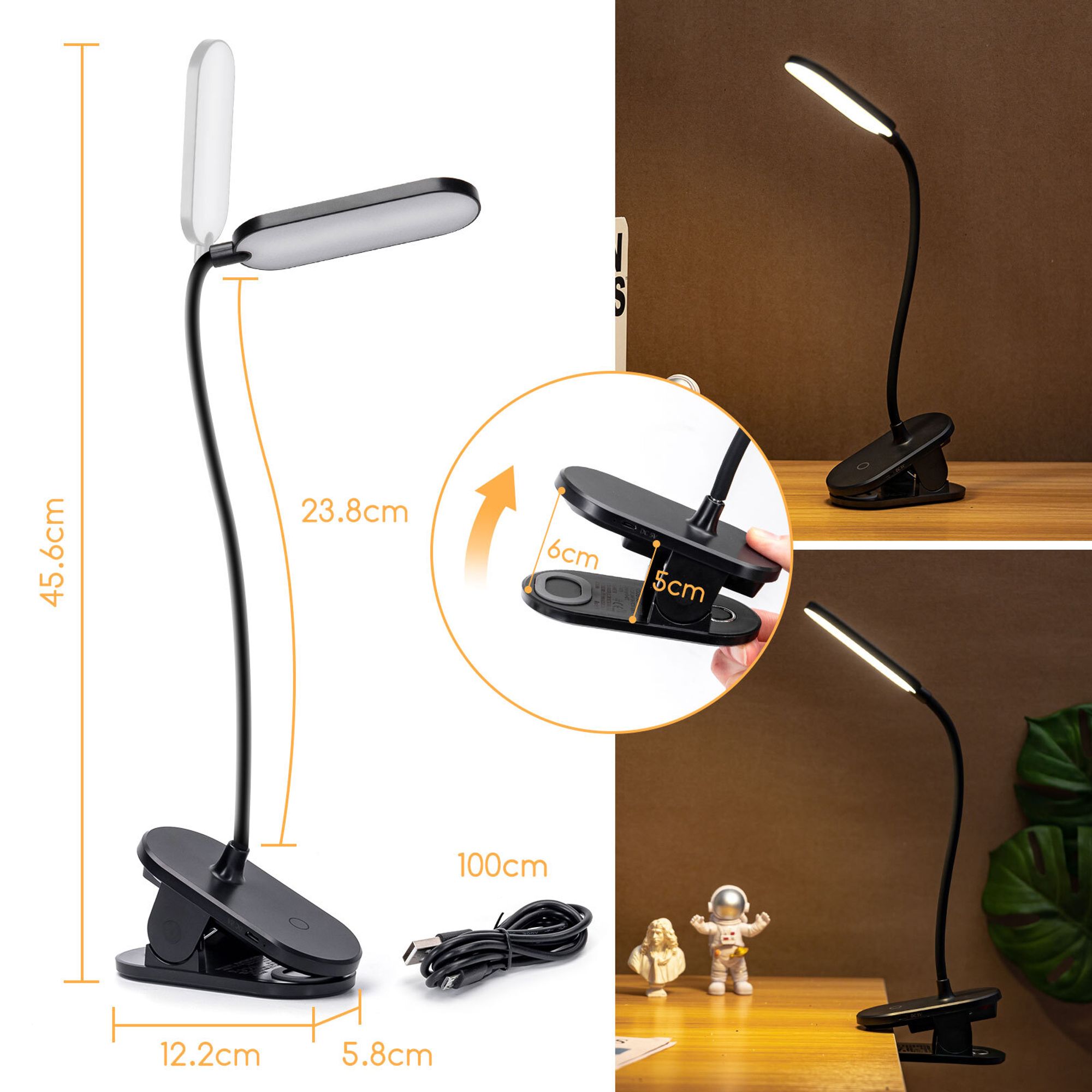 Aigostar LED Leselampe Bett, Dimmbarem Klemmlampe mit 360° Verstellbarem Flexiblem Arm, Wiederaufladbare USB-Leselampe mit 3 Helligkeitsmodi,4000K