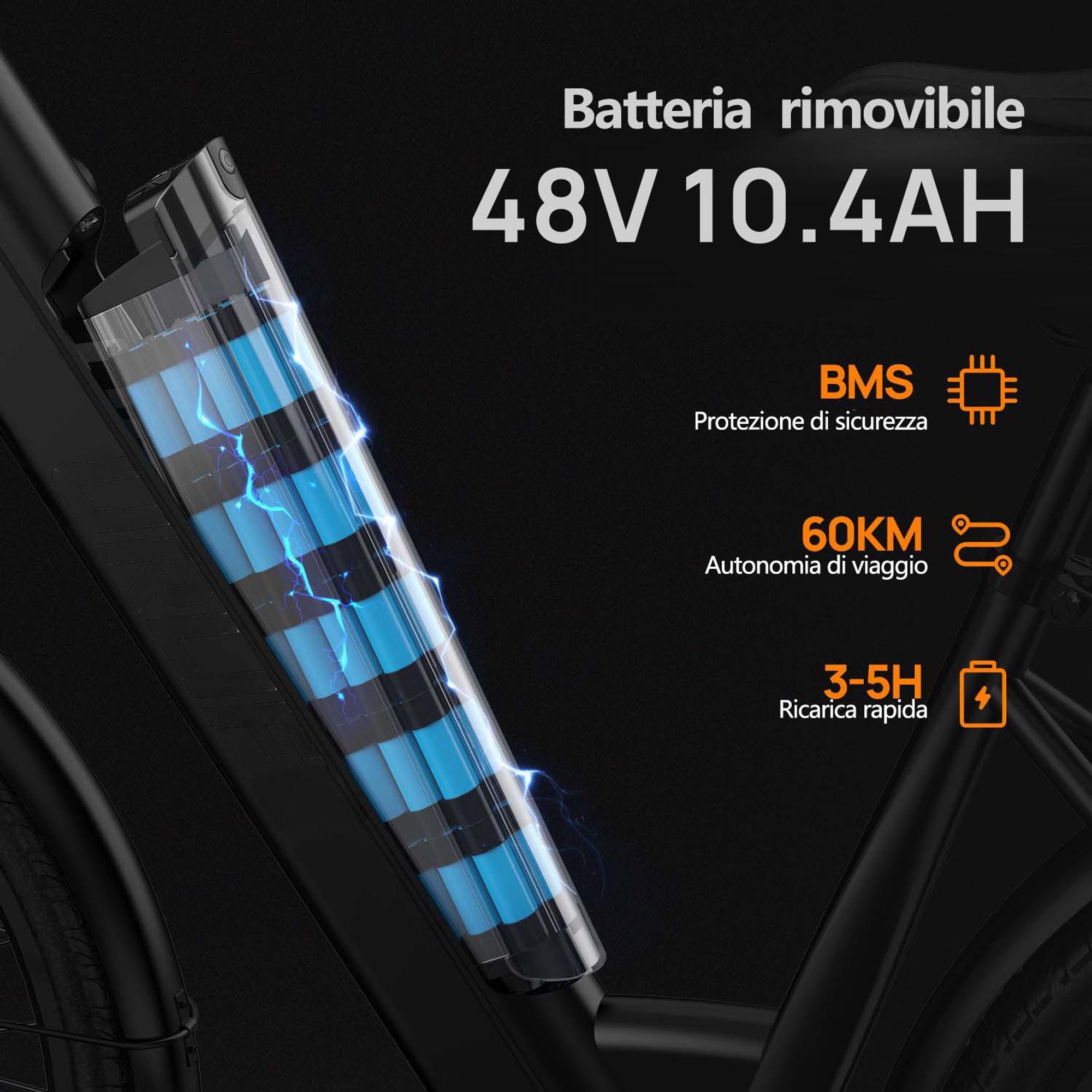 Bicicletta ElettricaURLIFE E26 - Motore 250W Batteria 48V10.4Ah Pneumatici 26 pollici Freni a disco - Nero