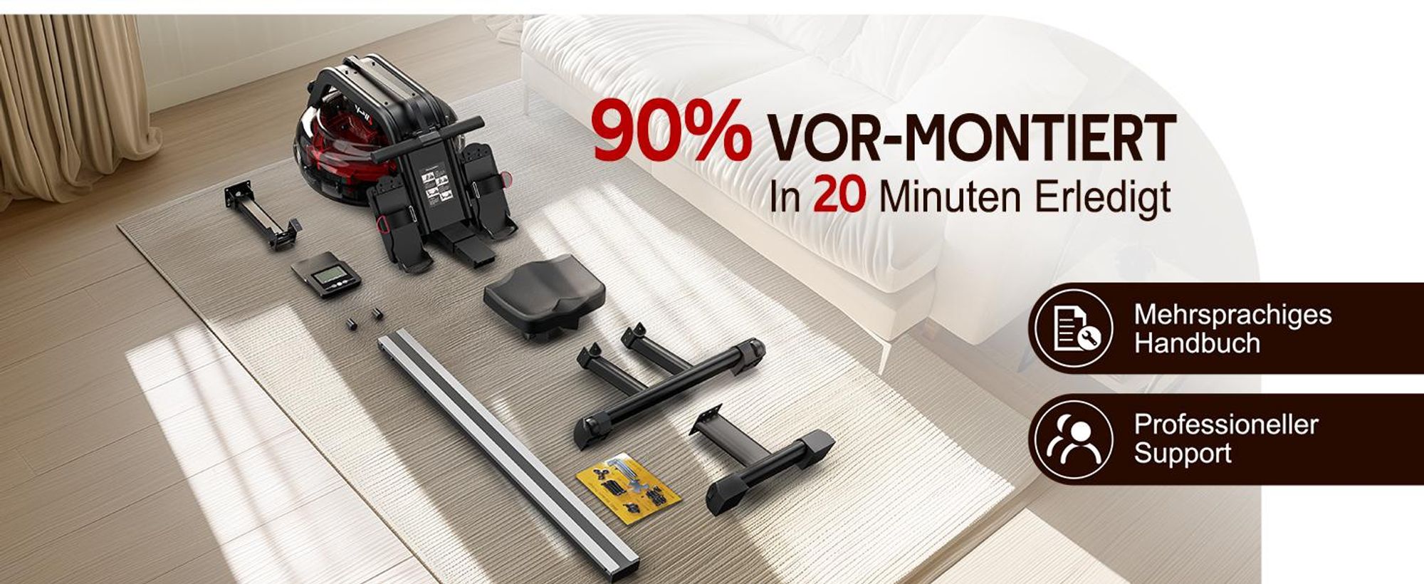 VOWVIT Wasser-Rudergerät mit Bluetooth, leise, 6 Stufen, 160 kg, 3 Rollen, Tank, bis 210 cm
