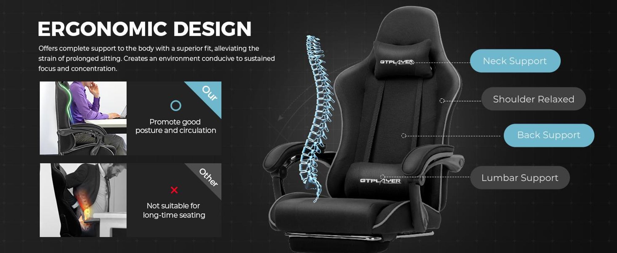 GTPLAYER Kancelářská židle Herní židle Látkové herní křeslo Ergonomická herní židle s opěrkou nohou, bederní opěrka hlavy, polstrovaná herní židle, černá