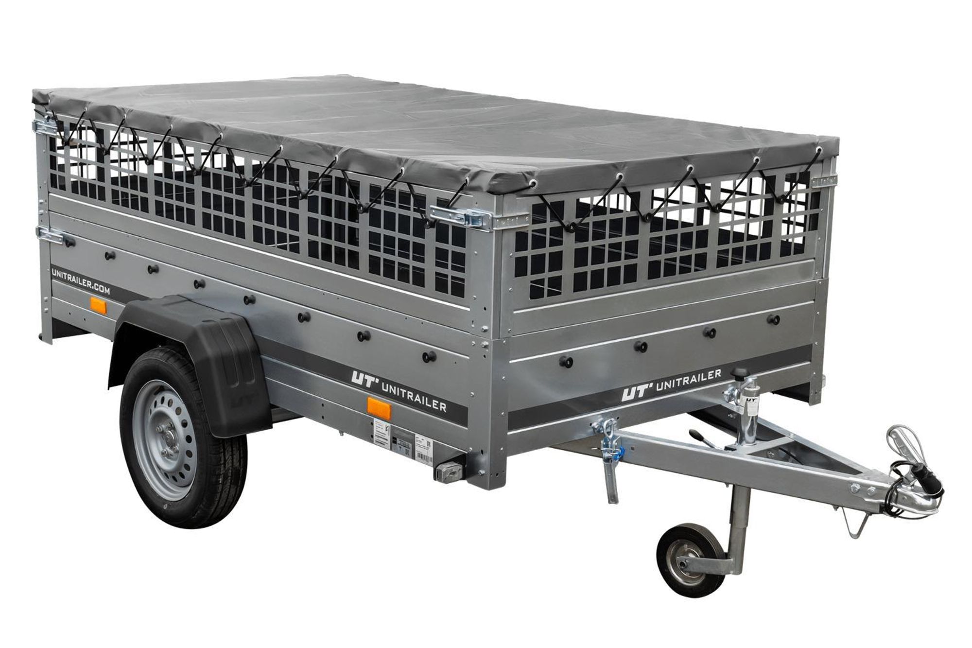 Gartenanhänger 230 Kipp Mit Stützrad, Gitterwand Und Grauer Flachplane
