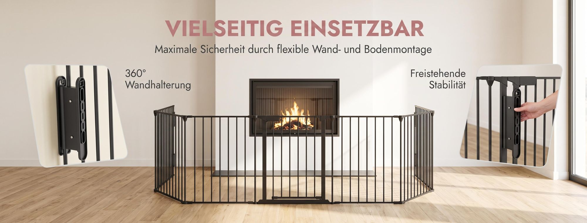 ROSEJANE Kaminschutzgitter mit Tür 300 cm Metall Ofenschutzgitter Faltbar Schutzgitter für Kinder und Haustiere, Schwarz