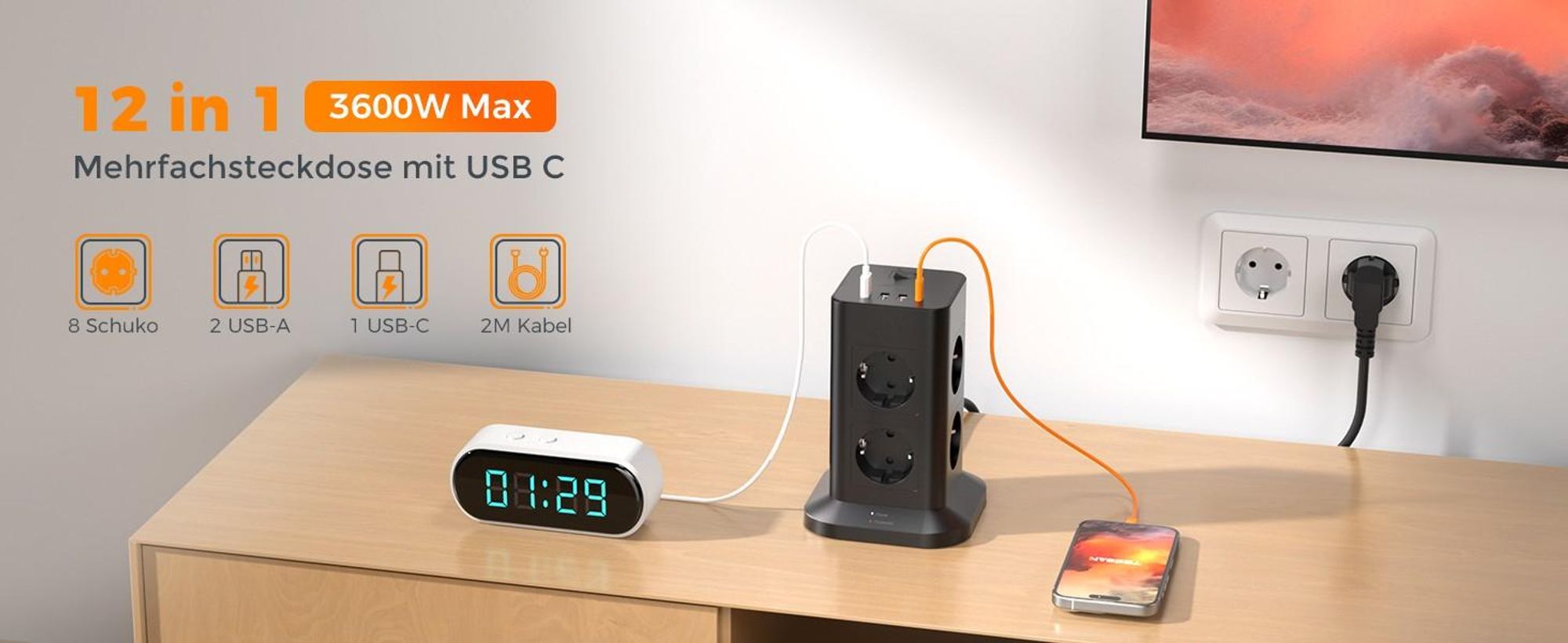 TESSAN 8 Fach Mehrfachsteckdose mit 1 USB C 3 USB A Verlängerungskabel 2M für Zuhause 3600W